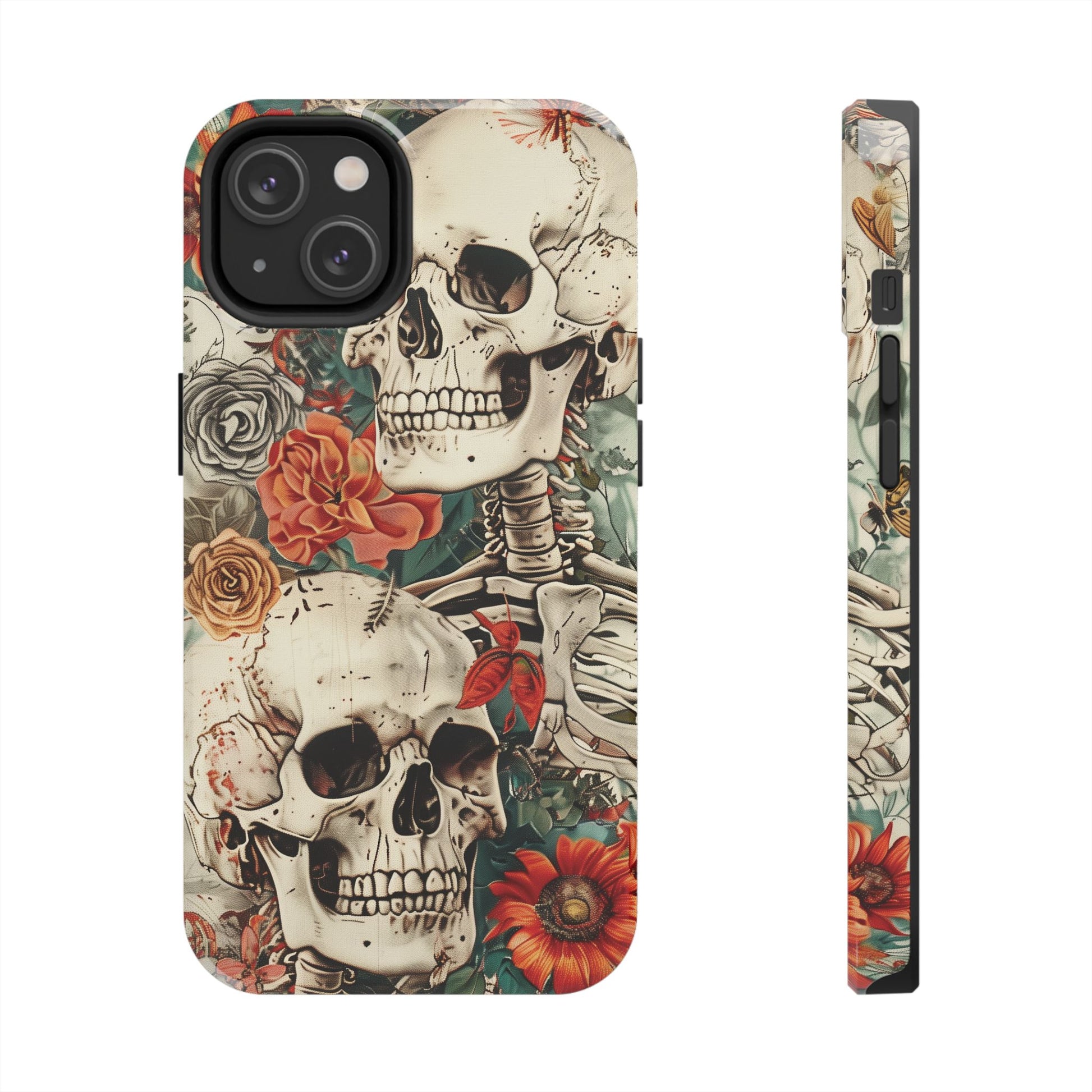 Skulls Floral Phone Case, Flowers and Skeletons , Halloween Cottagecore Day of the Dead, iPhone Dia de Los Muertos Gothic