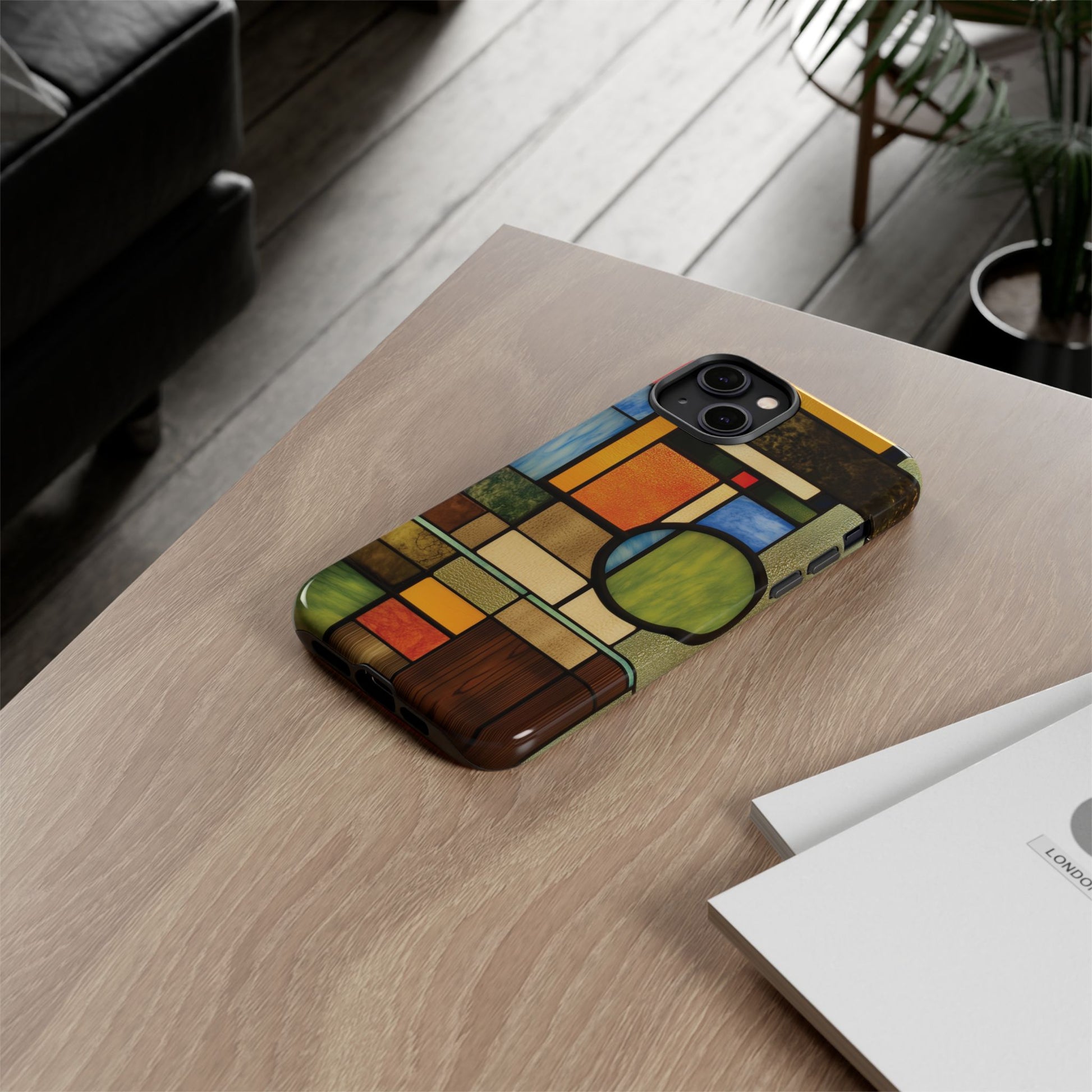 Wood Mosaic Stained Glass Phone Case Art Deco Frank Lloyd Wright Cottage Core Usonian Prairie Style Geometric Stylish  iPhone 14 15 16 Pro