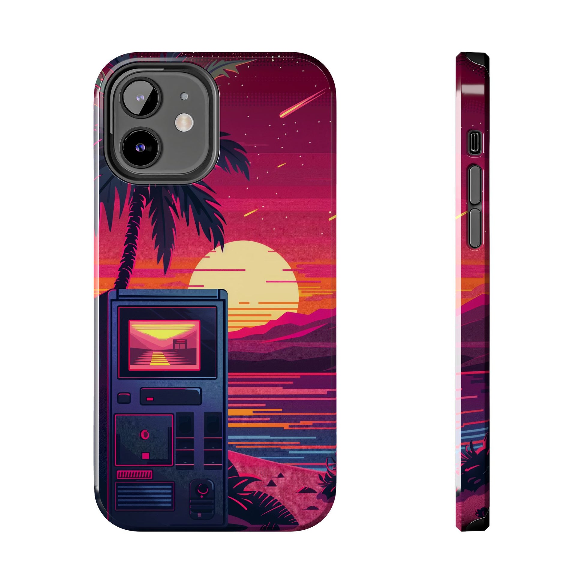 Vintage Sunset Beach Scene Art Print with Retro Video Game Console - Nostalgic Wall Decor - 80s Gaming Poster - Gamer Gift