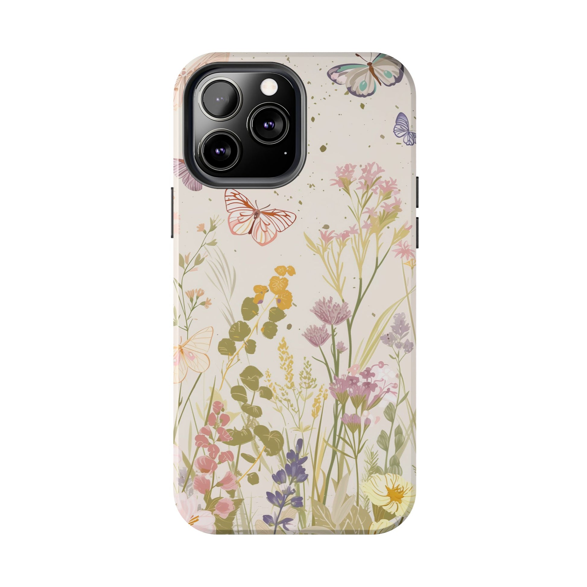 Butterfly Meadow Scene Cottagecore iPhone 15, Pastel Wildflowers & Butterflies, Natural iPhone Case, Cottagecore Garden Case, iPhone 14