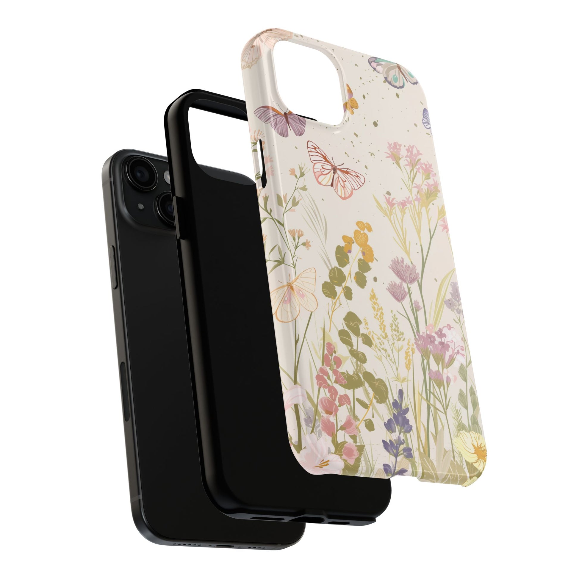 Butterfly Meadow Scene Cottagecore iPhone 15, Pastel Wildflowers & Butterflies, Natural iPhone Case, Cottagecore Garden Case, iPhone 14