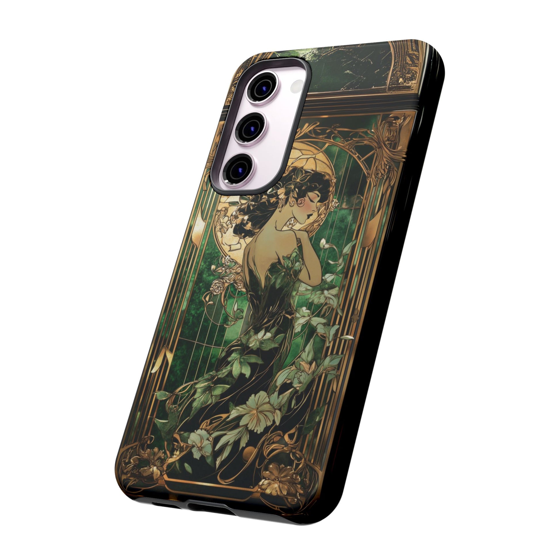 Art Deco Fairy Flapper Woman Phone Case 1920s Art Nouveau Design in Emerald & Gold Alphonse Mucha Style Gatsby Style Poster