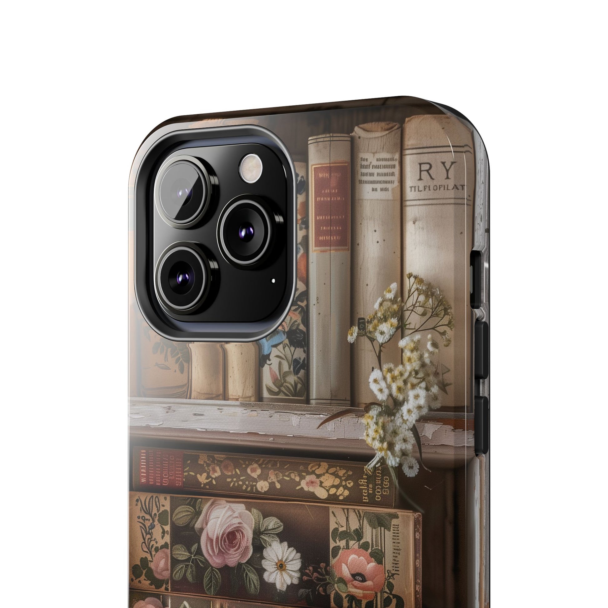 Vintage Book Stack Cottagecore Phone Case, Books with Floral Decor, Leather & Cloth Fliral iPhone Case, Pastel Roses Daisies Wildflowers