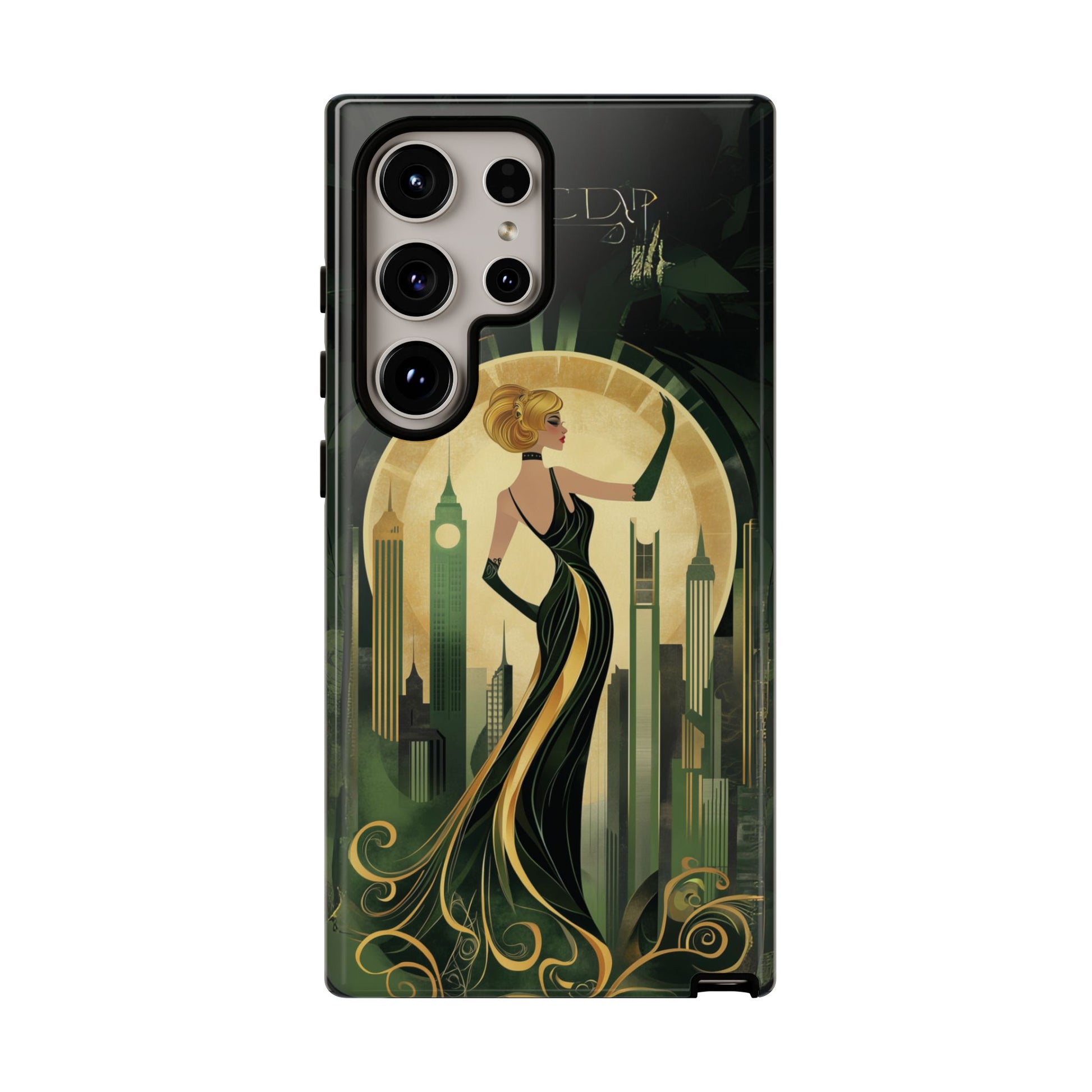 Emerald City Art Deco Flapper Woman Phone Case 1920s Art Nouveau Design in Emerald & Gold Alphonse Mucha Style Gatsby Style Poster