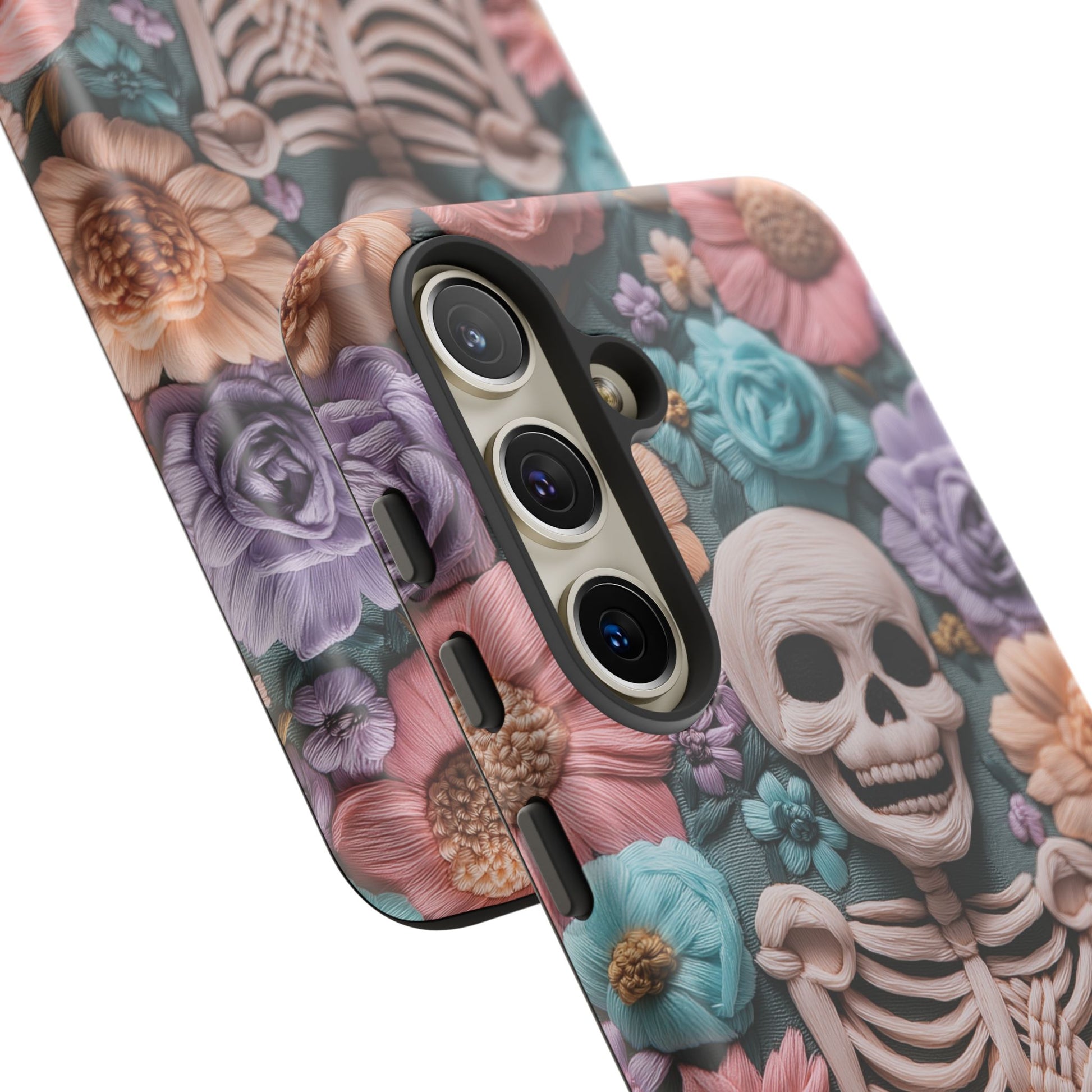 Embroidered Skeleton Gothic Cottagecore Halloween Phone Case 3D Look Flowers Pastel Custom 13 14 15 16 Pro Max Plus Galaxy Pixel