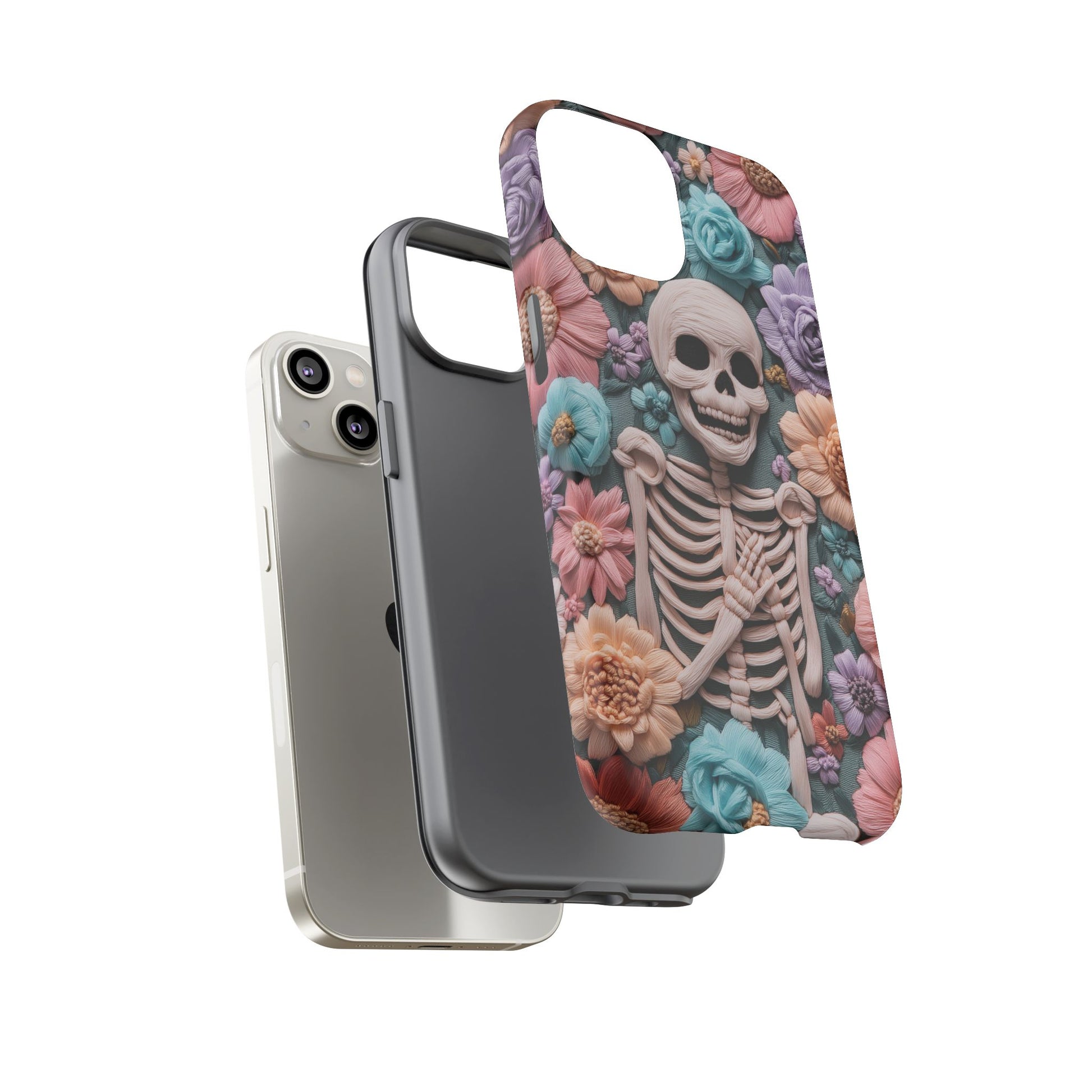 Embroidered Skeleton Gothic Cottagecore Halloween Phone Case 3D Look Flowers Pastel Custom 13 14 15 16 Pro Max Plus Galaxy Pixel