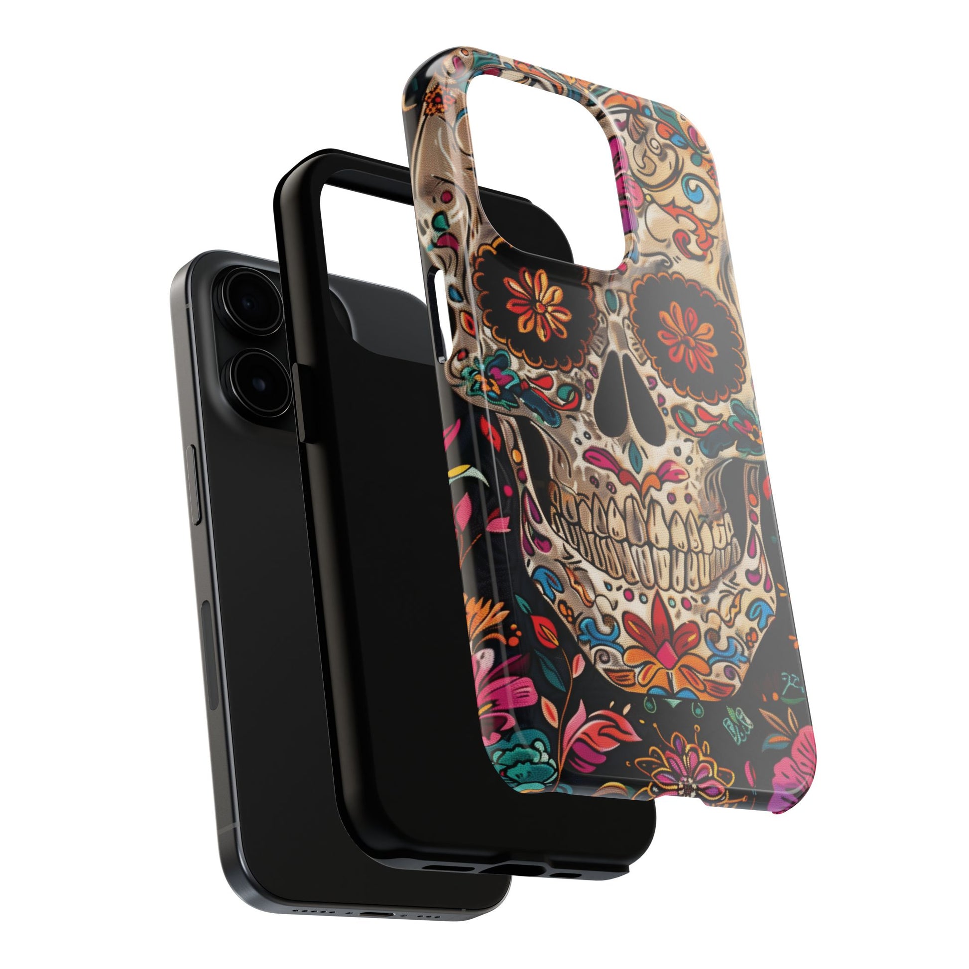 Sugar Skull Phone Case Flowers and Skeletons, Halloween Cottagecore Day of the Dead, Dia de Los Muertos Gothic, iPhone 15 Spooky Case
