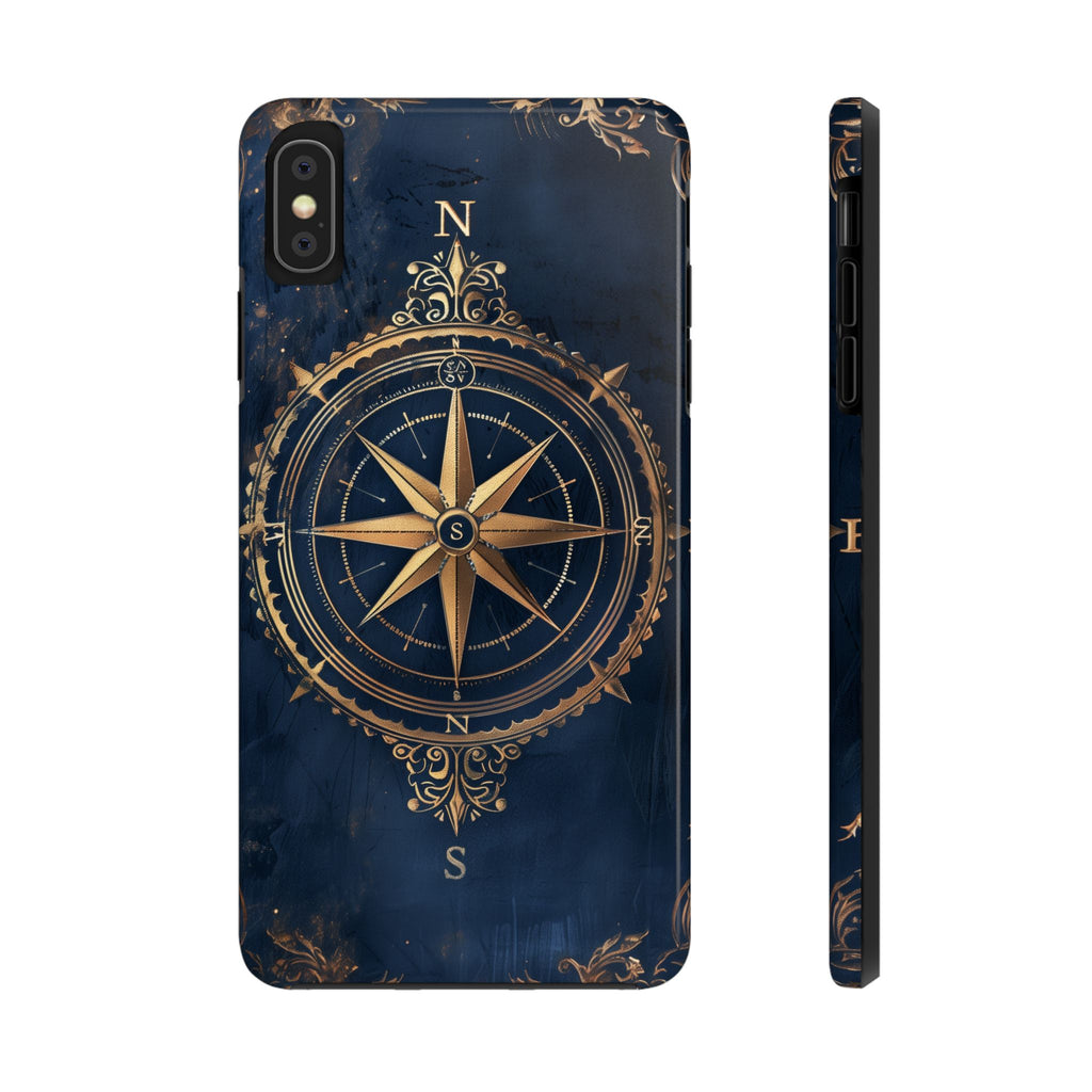 Golden Compass Rose Phone Case, Dark Blue Nautical Design, Unique Maritime Smartphone Cover, Stylish Accessory, Perfect for Travel Lovers