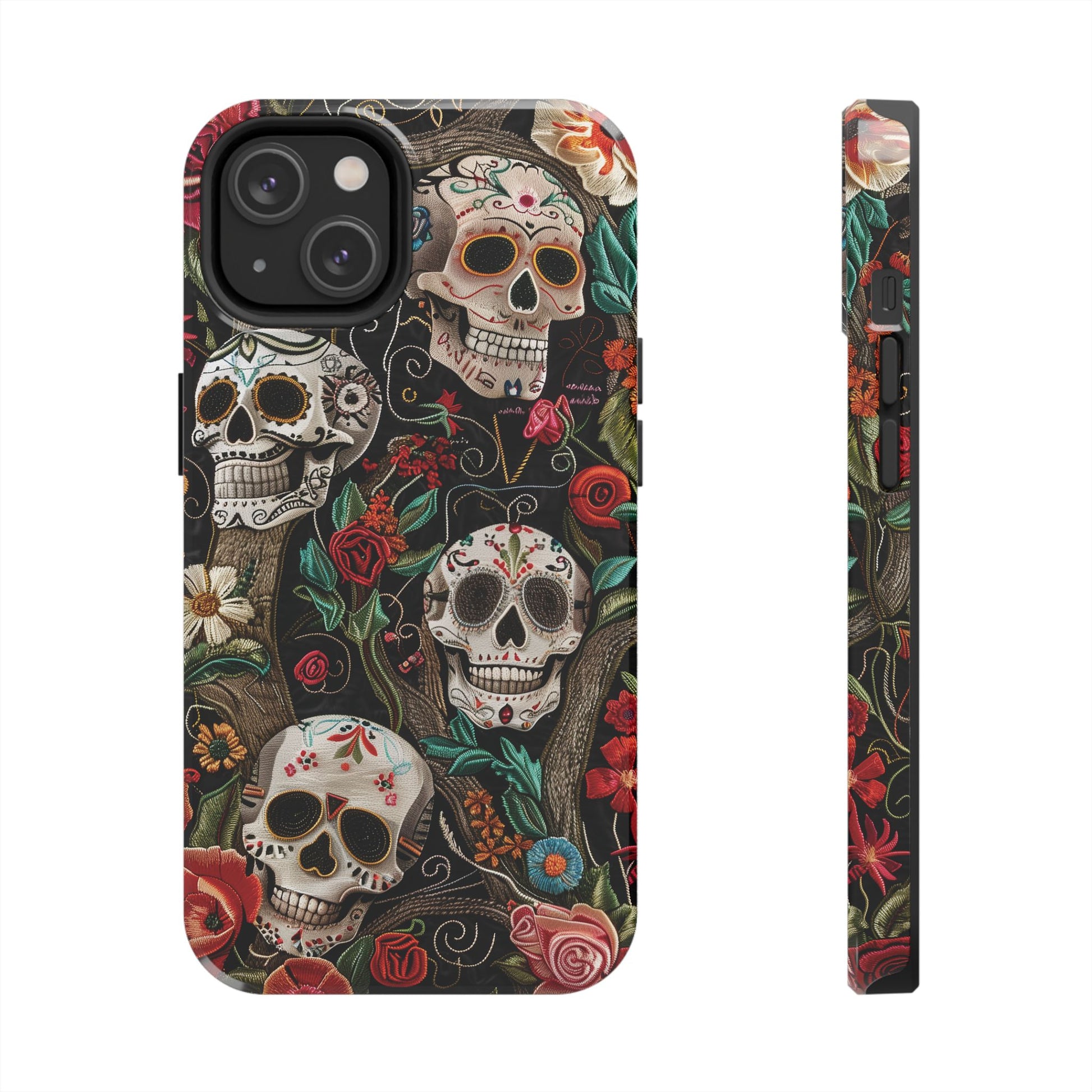 Embroidered Look Sugar Skulls Phone Case, Flowers and Skulls, Halloween Cottagecore Day of the Dead, iPhone Dia de Los Muertos Gothic