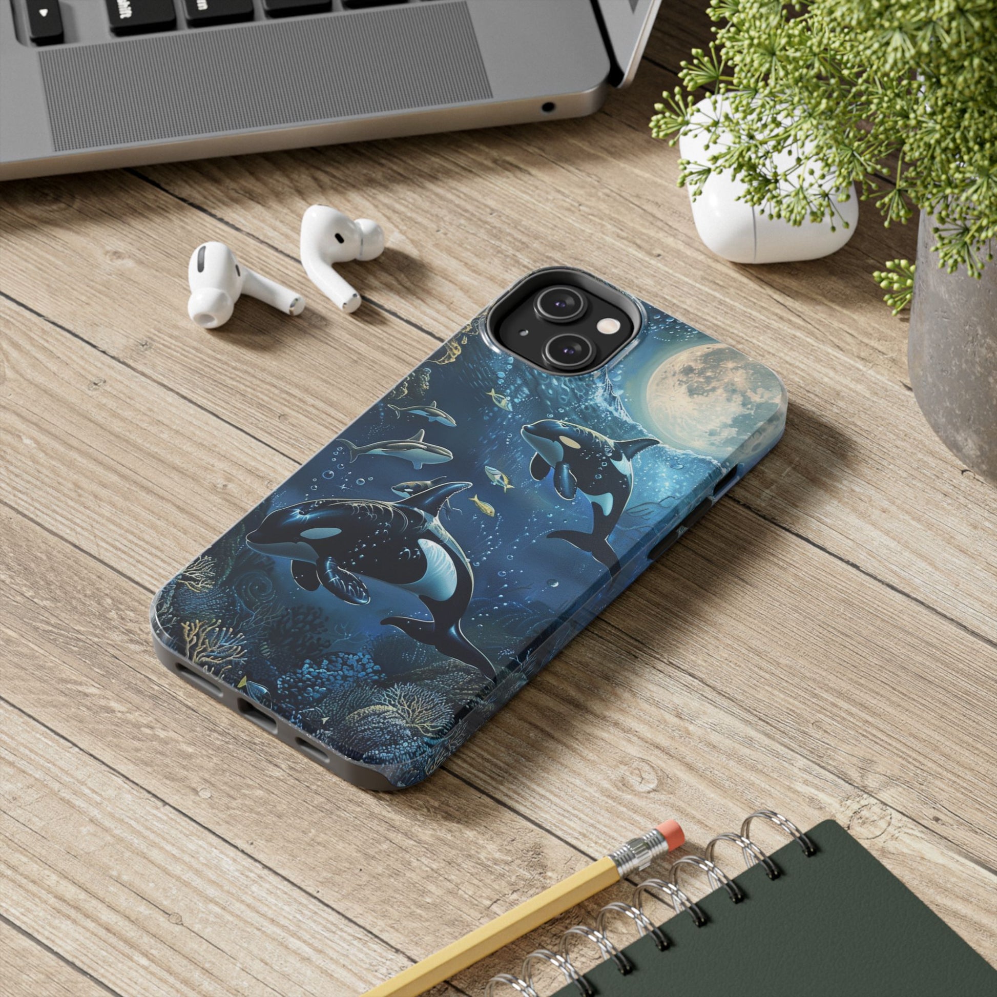 Orca Killer Whale Phone Case Ocean Moonlight Coral Reef Marine Life iPhone 13 14 15 16 pro max Sealife Oceanology Scuba Diving