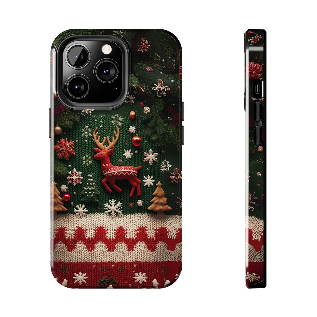 Ugly Christmas Sweater Rudolph Phone Case Festive 3D Knit Textured Red White Green Holiday Red Nosed  Reindeer iPhone 13 14 15 16 Pro Max