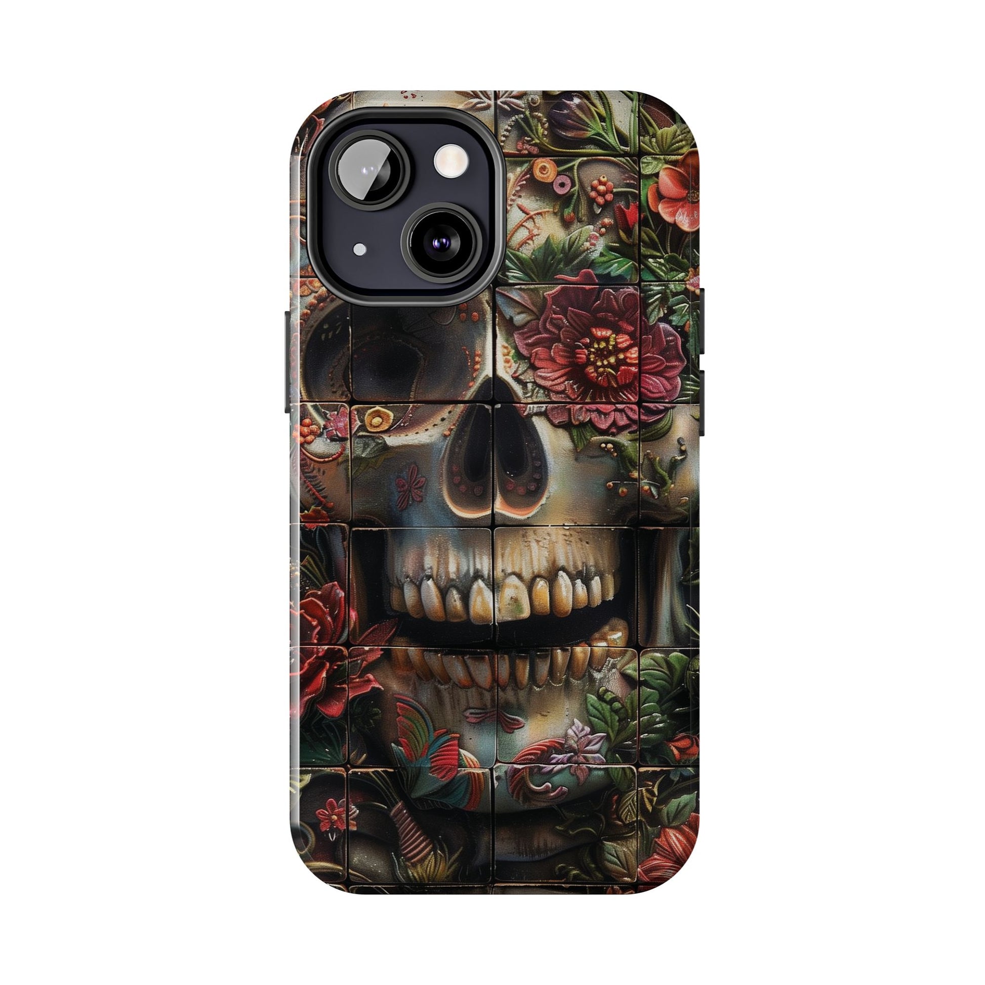 Sugar Skull Phone Case Flowers and Skeletons, Halloween Cottagecore Day of the Dead, Dia de Los Muertos Gothic, iPhone 15 Spooky Case
