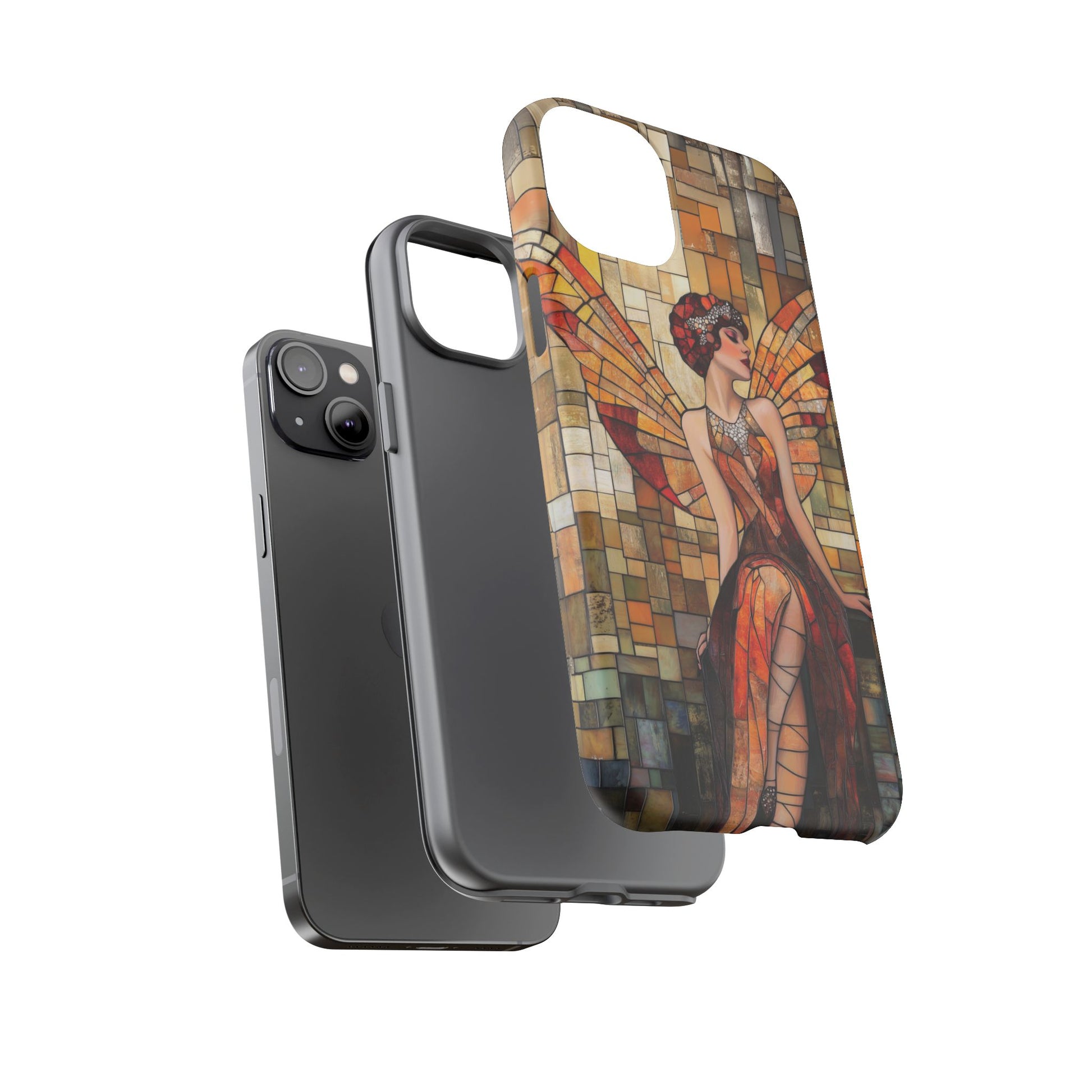 Phone Case Art Deco Flapper Fairy Woman Mosaic Stained 1920s Art Nouveau Design in Red Yellow Orange Alphonse Mucha Gatsby Style Poster