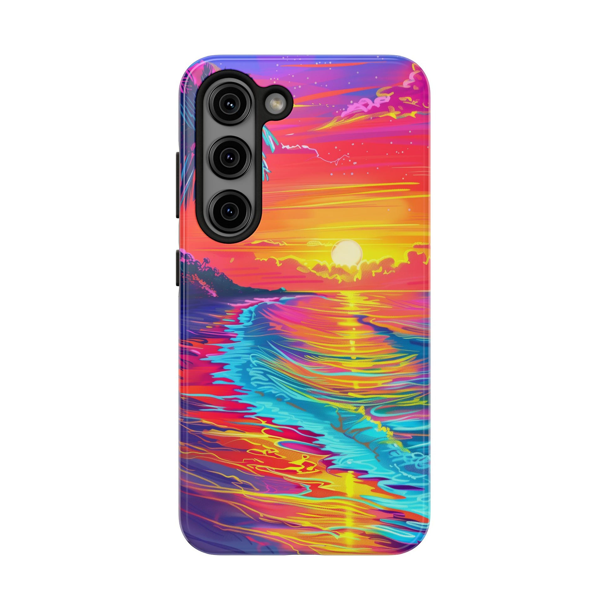 Tough Beach Sunrise Phone Case - Durable Case Lisa Frank Inspired Beach Art - Vibrant Beach Design - Colorful Phone Case for Beach Lovers