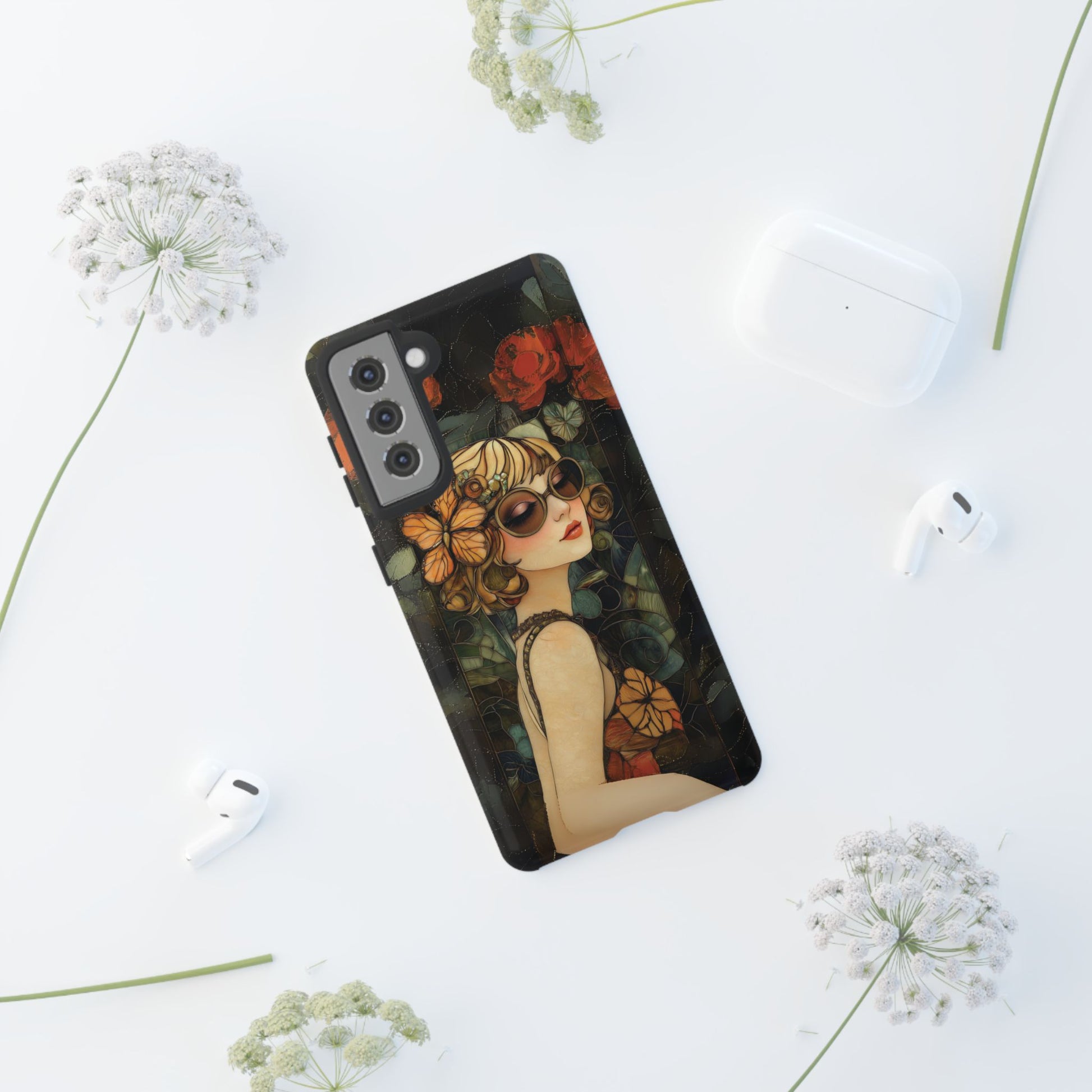 Butterfly Art Deco Flapper Woman Mosaic Phone Case 1920s Art Nouveau Design in Red Stained Glass Alphonse Mucha Style Gatsby Style Poster