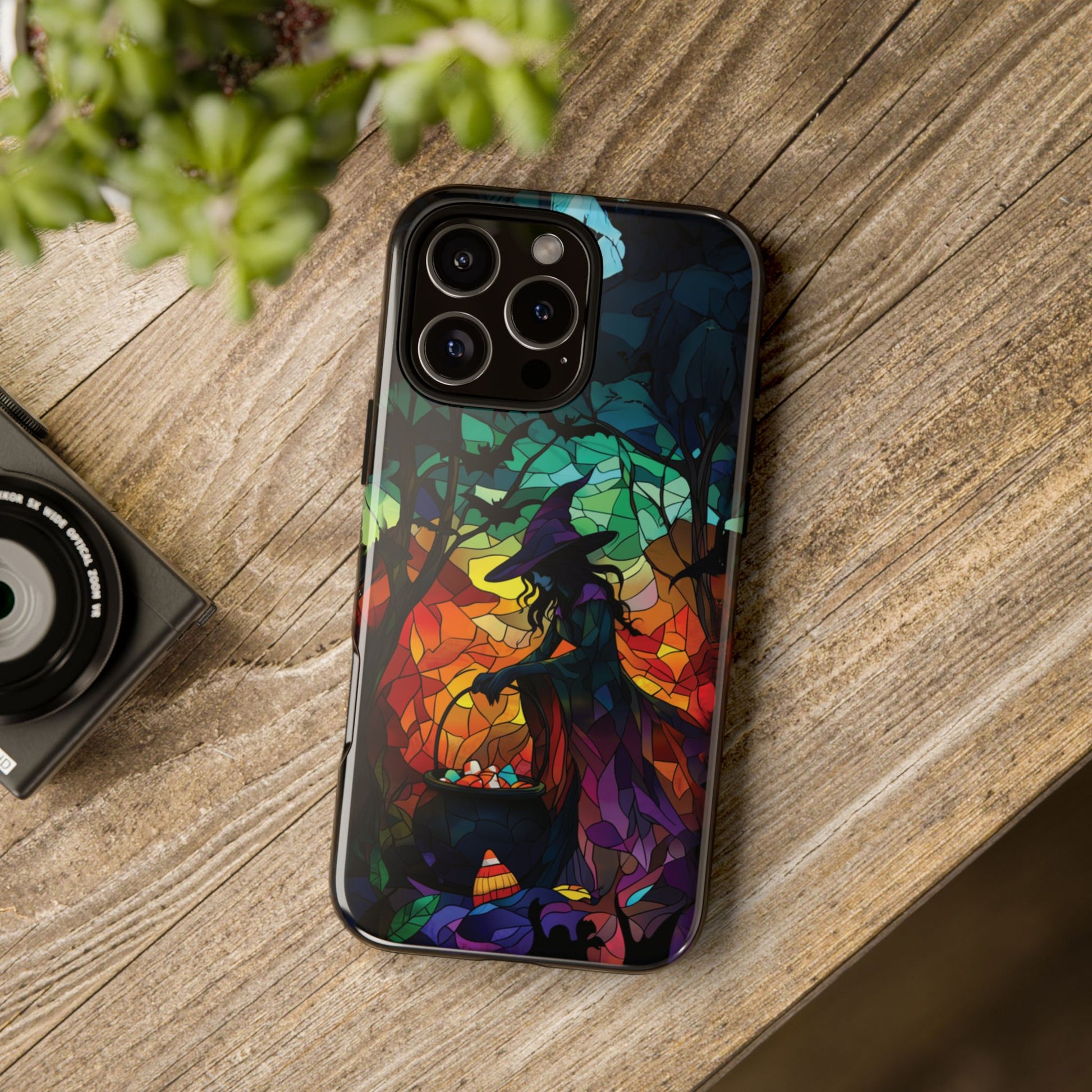 Halloween Witch Stained Glass Dark Academia Spooky Fall Witchy Pumpkin Bats Seasonal Fall Mosaic Case iPhone 13 14 15 16 Pro Max
