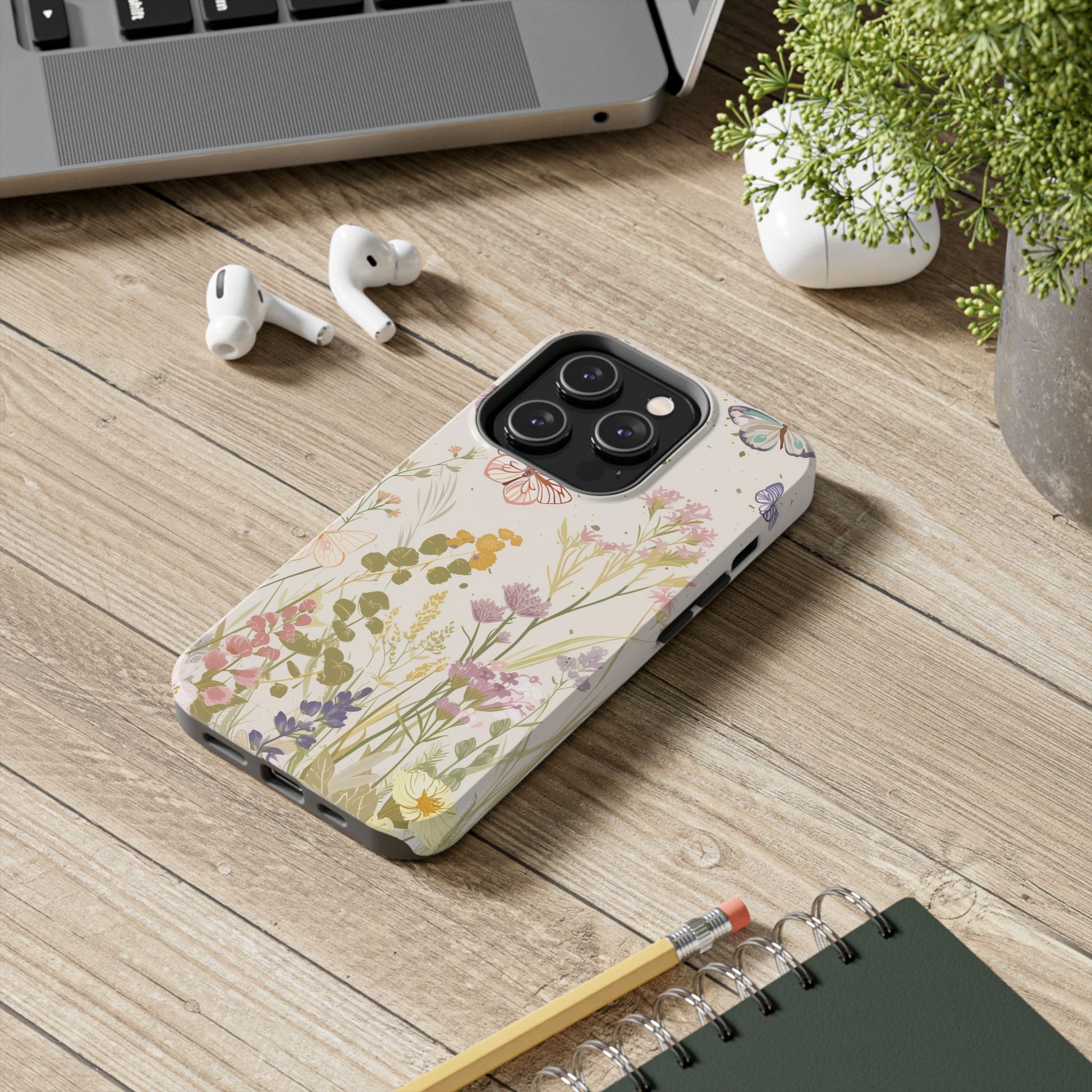 Butterfly Meadow Scene Cottagecore iPhone 15, Pastel Wildflowers & Butterflies, Natural iPhone Case, Cottagecore Garden Case, iPhone 14