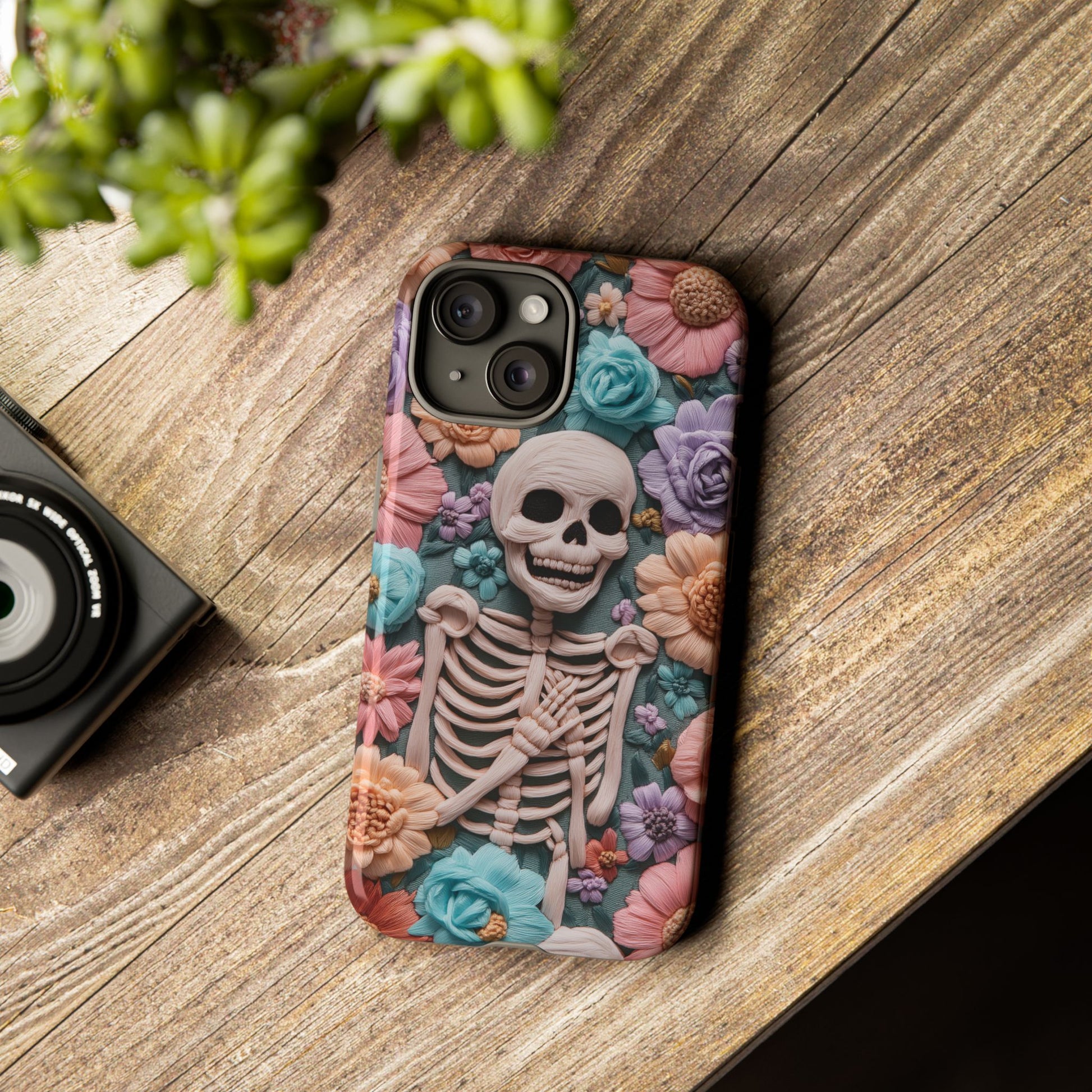 Embroidered Skeleton Gothic Cottagecore Halloween Phone Case 3D Look Flowers Pastel Custom 13 14 15 16 Pro Max Plus Galaxy Pixel