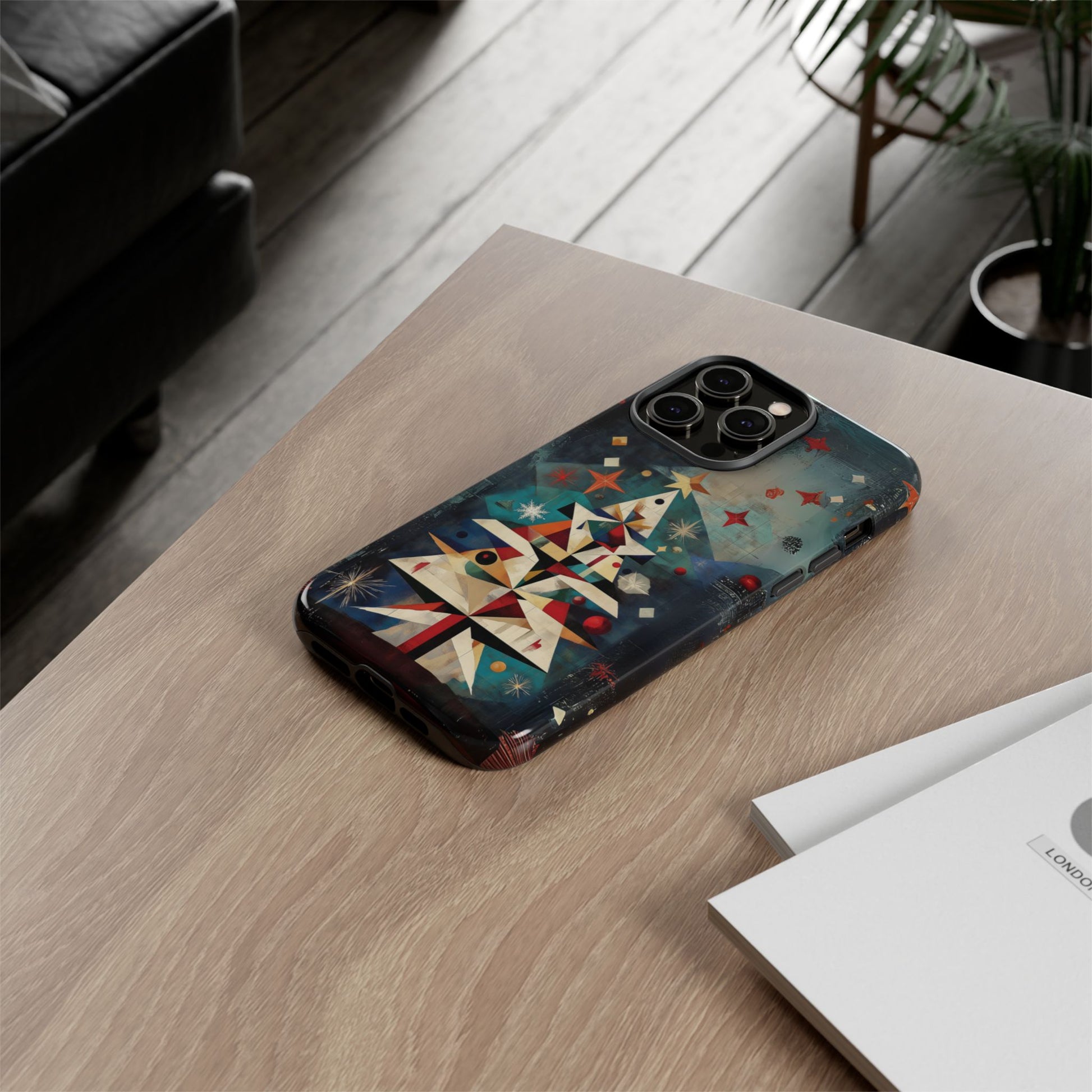 Mosaic Festive Christmas Tree Art Deco Stained Glass Phone Case Rankin Bass Style MidMod Design iPhone 13 14 15 16 Pro Max Pixel Galaxy