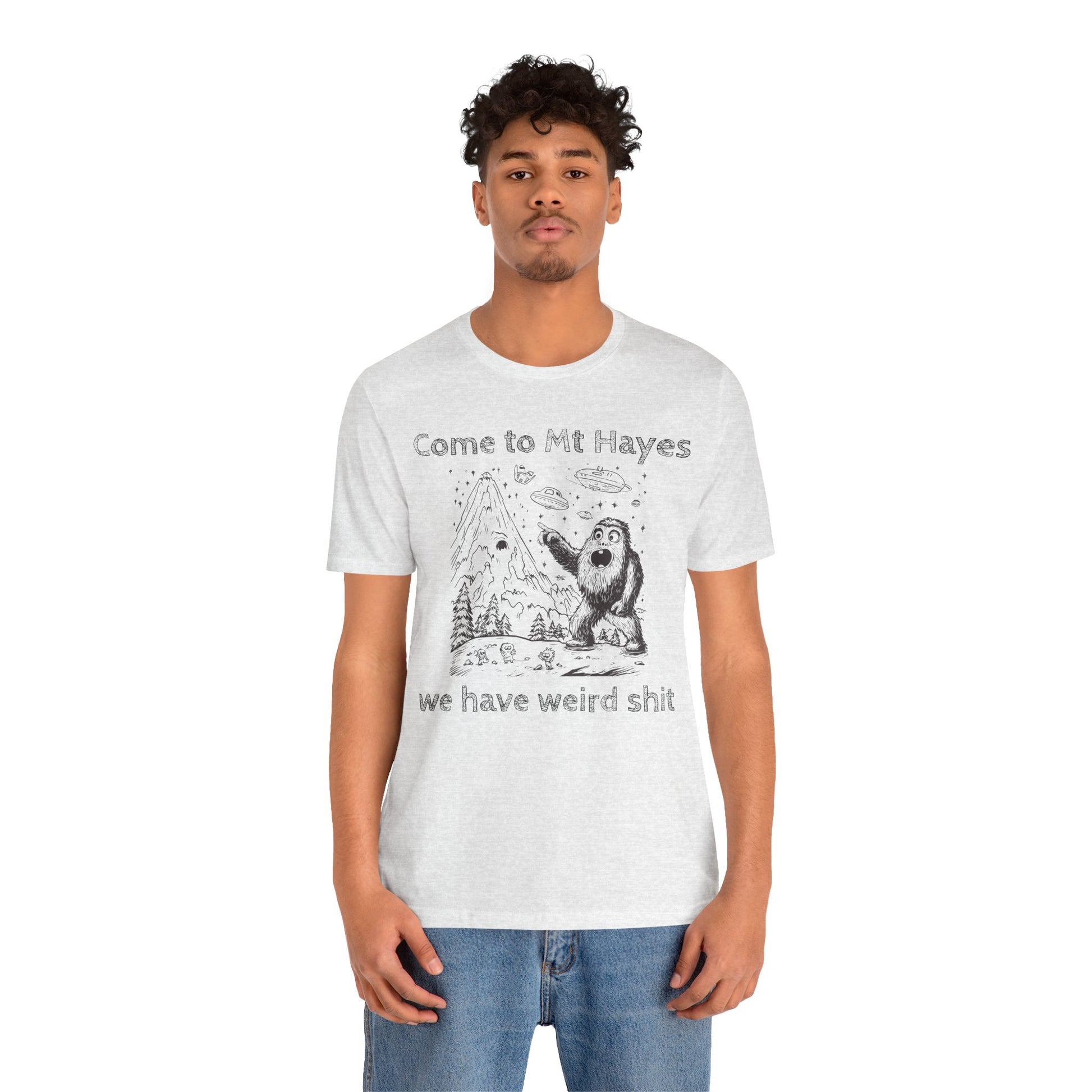 Alien Conspiracy Unisex Tee, Bigfoot Mountain Sketch Shirt, UFO Weird Stuff Tshirt, California Men's Top, Space Extraterrestrial Shirt