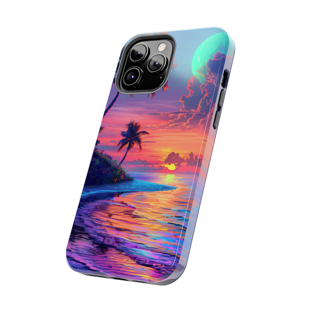 Tough Beach Scene Phone Case - Durable Phone Cover with Lisa Frank Inspired Beach Art - Protective Case with Vibrant Beach Design