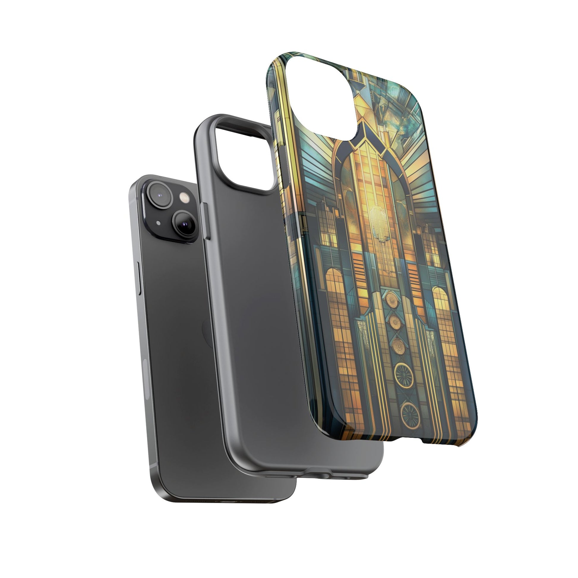 Phone Case Art Deco City Frank Lloyd Wright Teal Gold Protective Covers, Stylish Accessories, Great Gatsby Noir Nouveau iPhone 14 15 16 Pro
