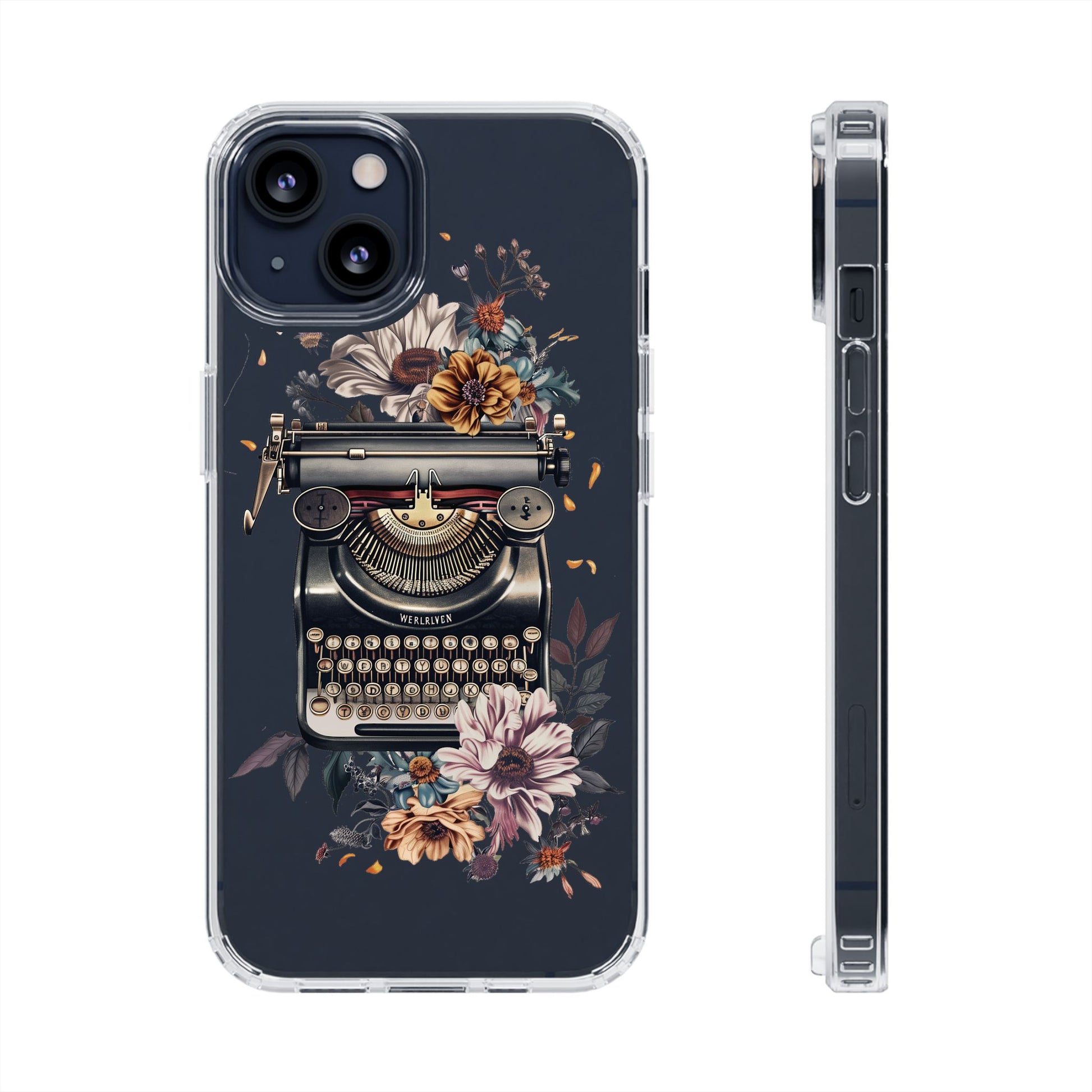 Vintage Cottagecore Typewriter Clear Phone Case with Floral Dark Academia Nostalgic Artistic Typography iPhone 13 14 15 16 Pro Max