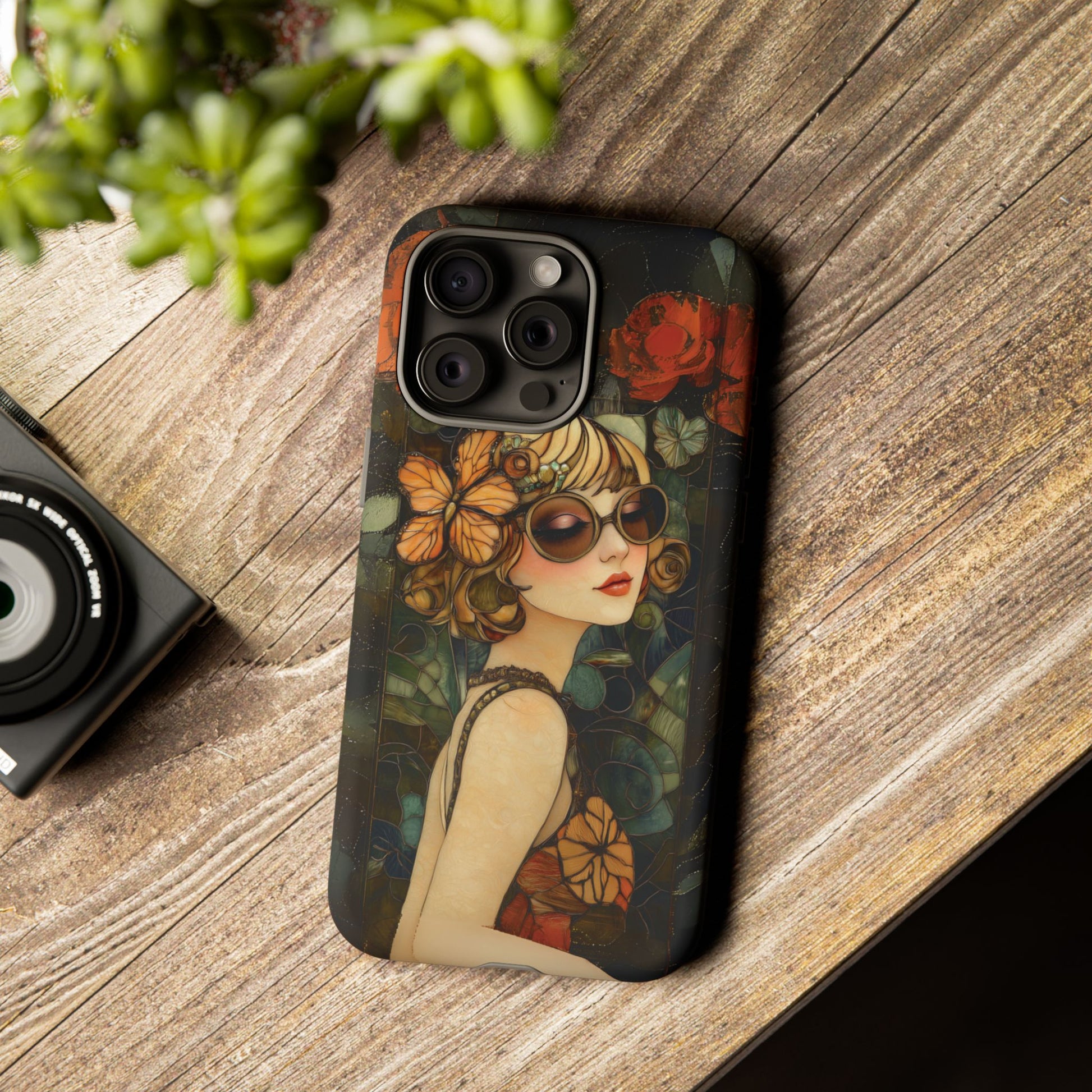 Butterfly Art Deco Flapper Woman Mosaic Phone Case 1920s Art Nouveau Design in Red Stained Glass Alphonse Mucha Style Gatsby Style Poster