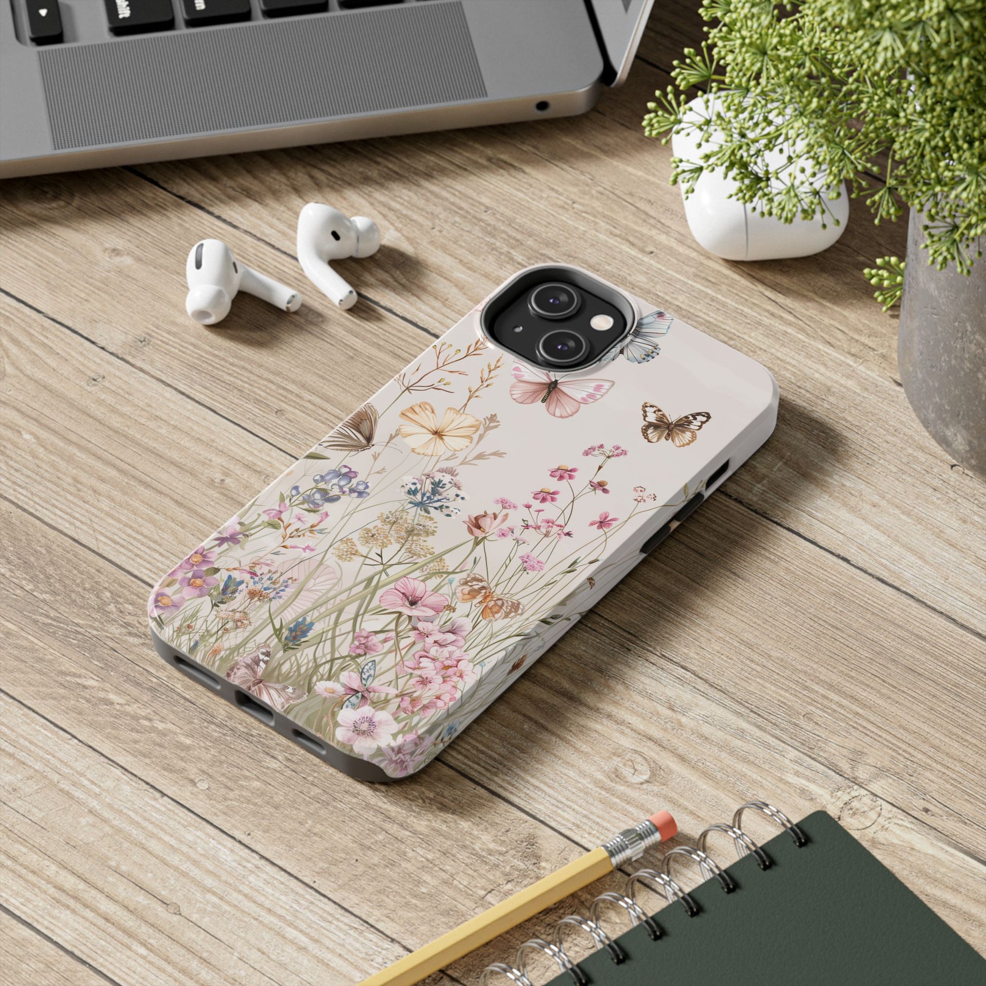 Butterfly Meadow Scene Cottagecore iPhone 15, Pastel Wildflowers & Butterflies, Natural iPhone Case, Cottagecore Garden Case, iPhone 14