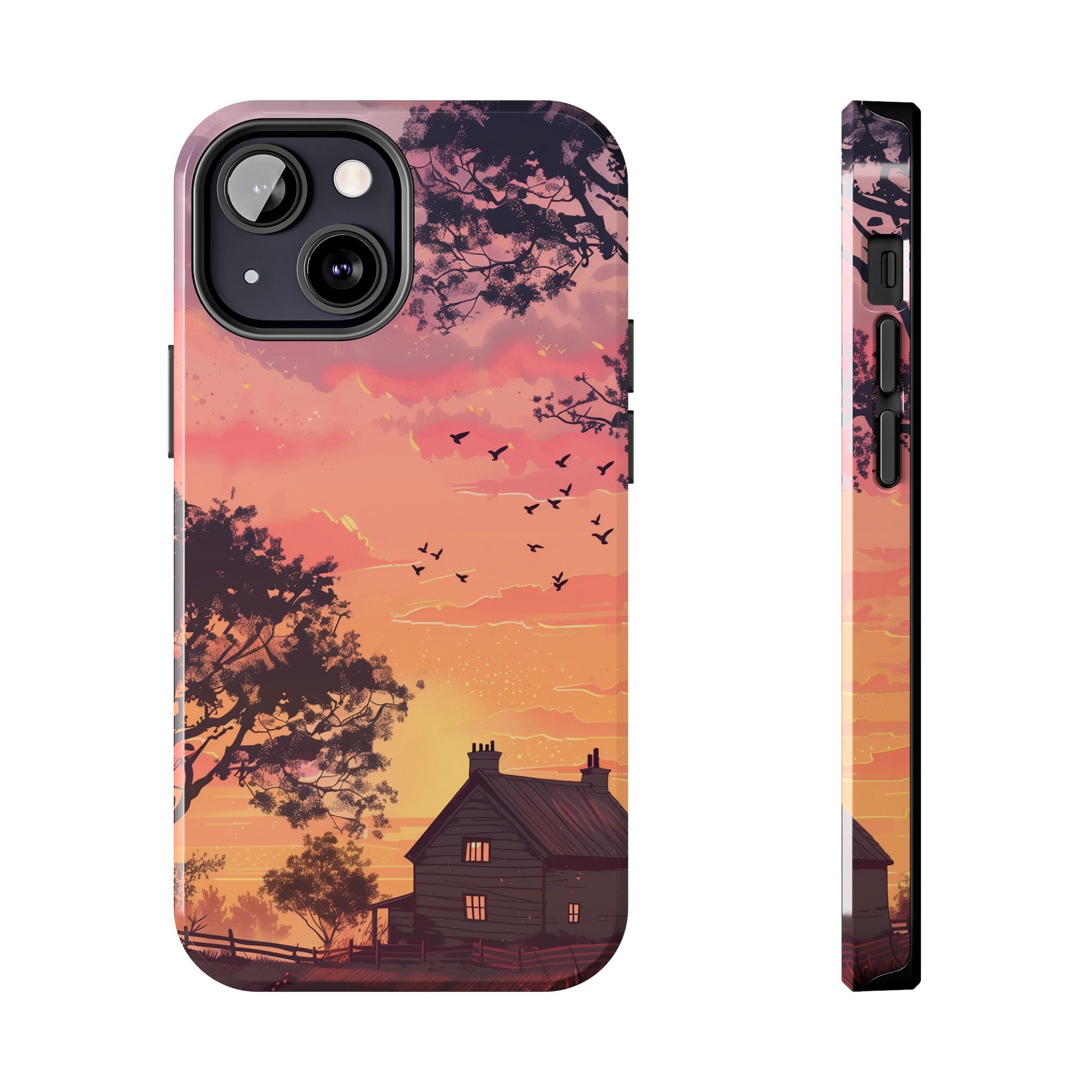 Cottagecore Countryside Sunset Phone Case Cottagecore Aesthetic, Tranquil Pastel Sky Gradient & Silhouette Trees, Whimsical Nature Art Cover