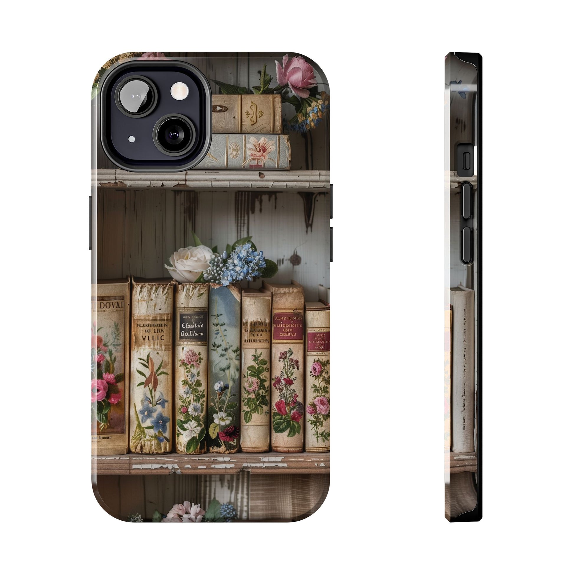 Cottagecore Phone Case Bookshelf Floral Books with Floral Decor, Leather & Cloth Fliral iPhone Case, Pastel Roses Daisies Wildflowers