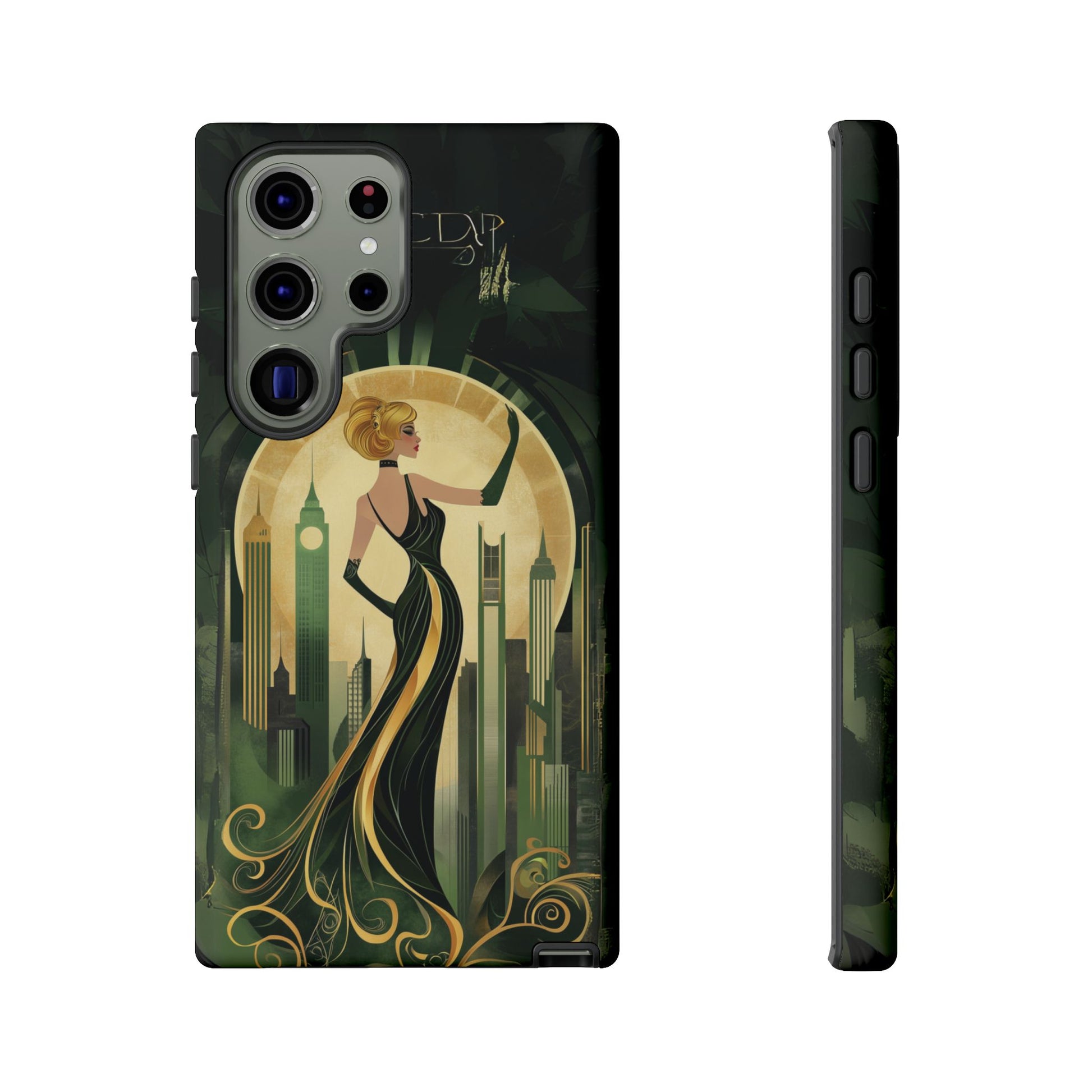 Emerald City Art Deco Flapper Woman Phone Case 1920s Art Nouveau Design in Emerald & Gold Alphonse Mucha Style Gatsby Style Poster
