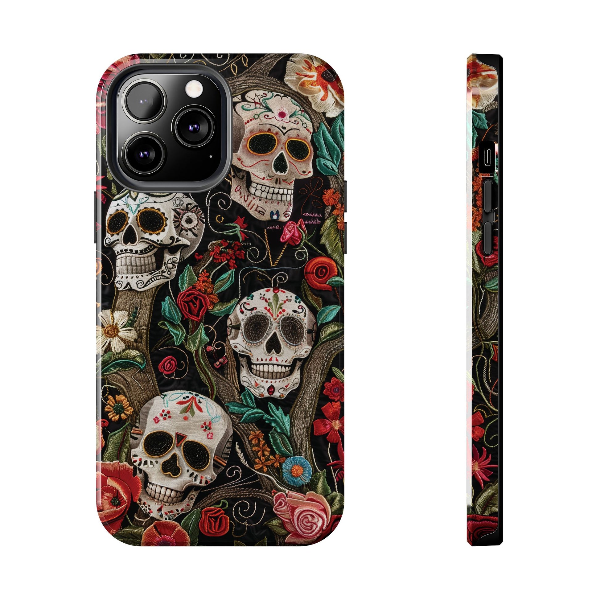 Embroidered Look Sugar Skulls Phone Case, Flowers and Skulls, Halloween Cottagecore Day of the Dead, iPhone Dia de Los Muertos Gothic