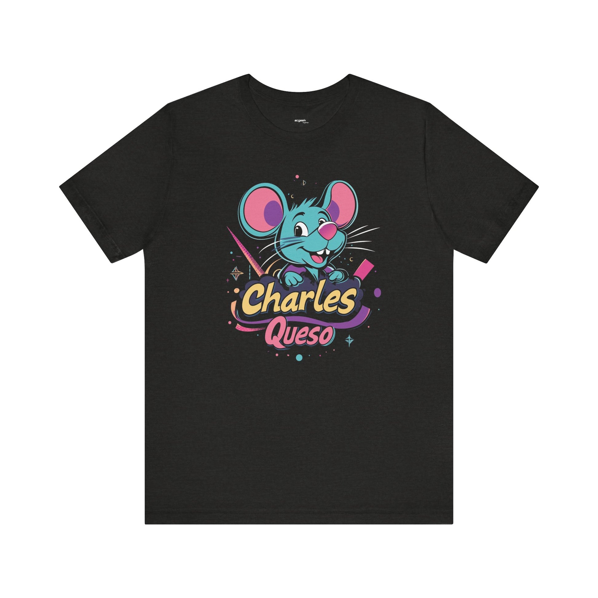 Charles Queso Mouse Logo Tee, Unisex Graphic T-Shirt, Colorful 80s Style Top, Retro Company Shirt, Gift for Mouse Lovers
