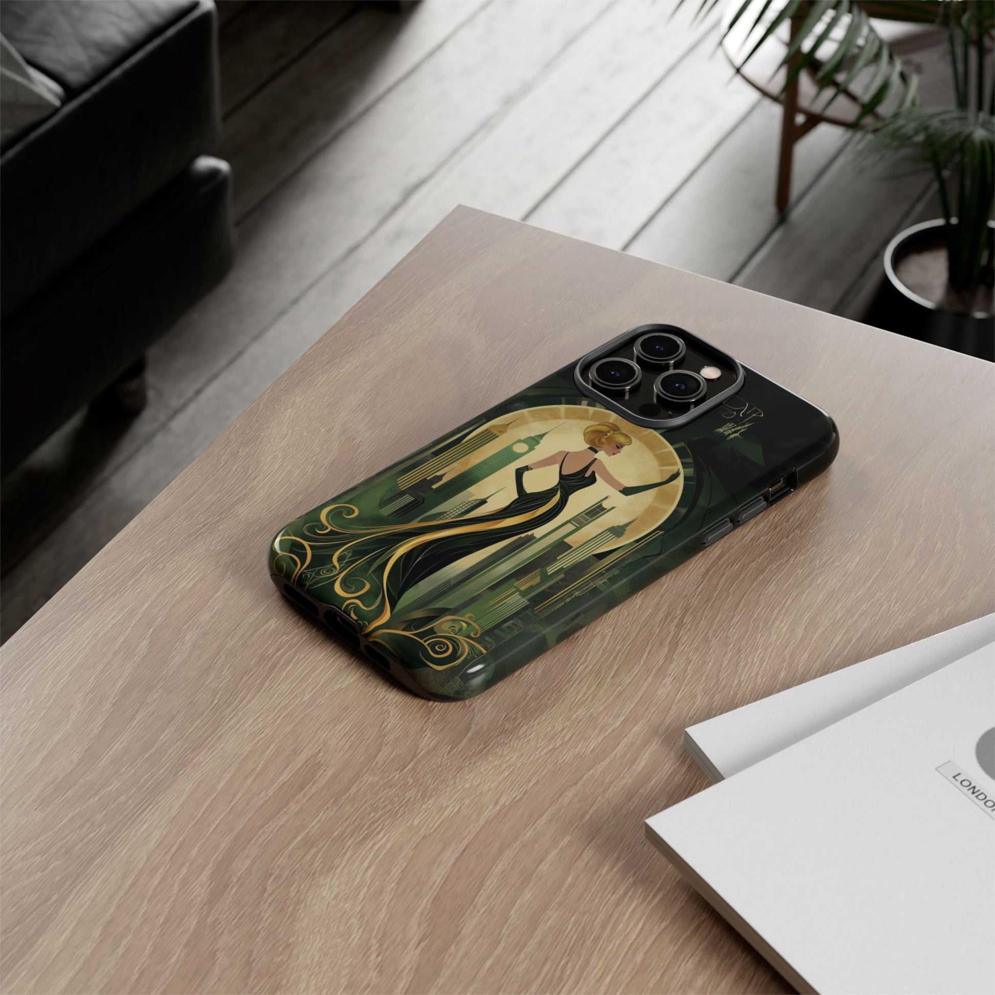 Emerald City Art Deco Flapper Woman Phone Case 1920s Art Nouveau Design in Emerald & Gold Alphonse Mucha Style Gatsby Style Poster