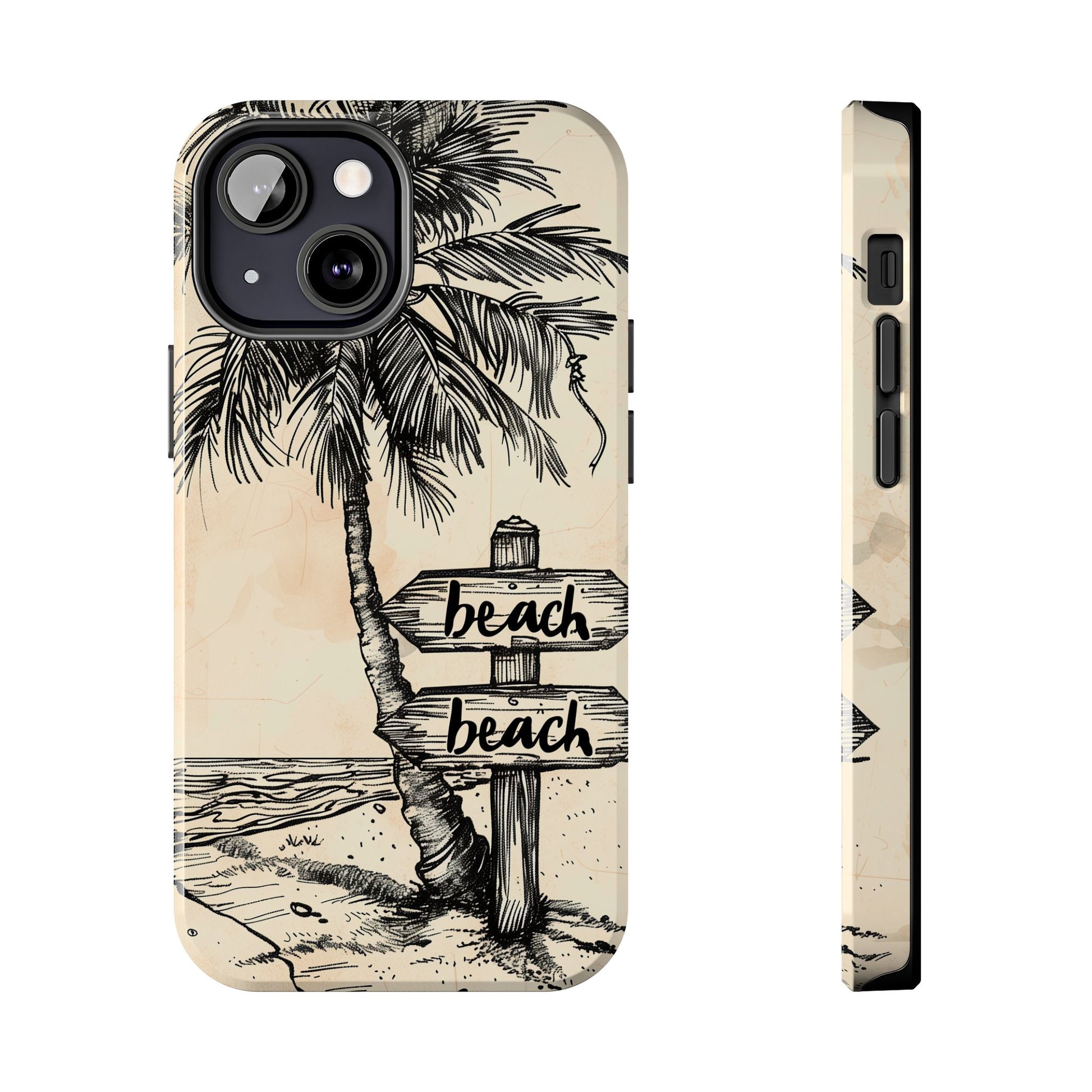 Hand-Drawn Beach Scene Phone Case, Palm Tree iPhone Case, Artistic Tough iPhone 15 Pro Max Case, Hand Drawn Tropicsl Beach iPhone 14 Case
