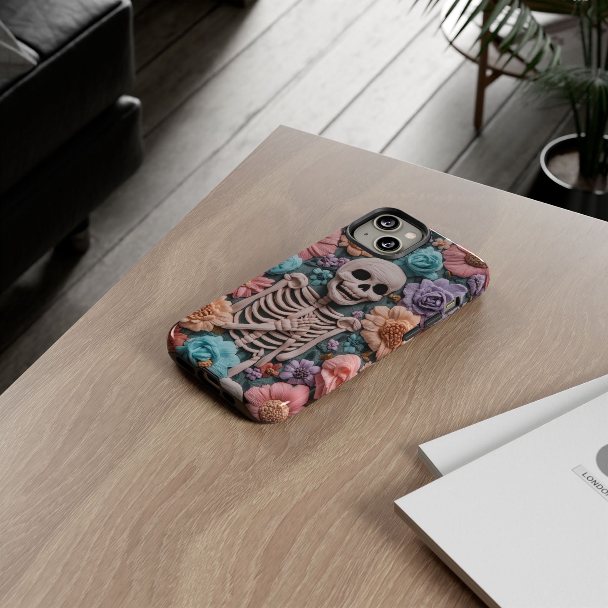Embroidered Skeleton Gothic Cottagecore Halloween Phone Case 3D Look Flowers Pastel Custom 13 14 15 16 Pro Max Plus Galaxy Pixel
