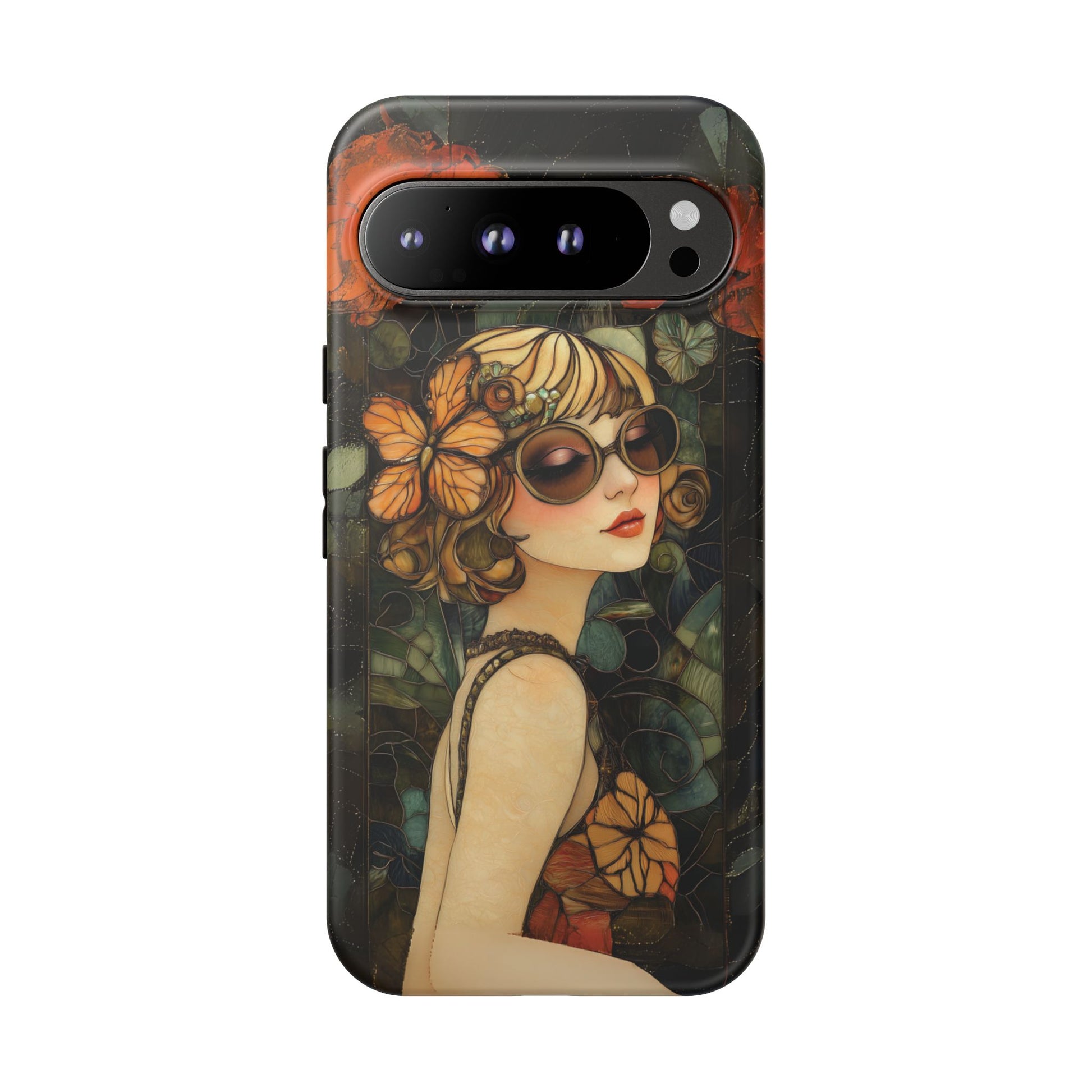 Butterfly Art Deco Flapper Woman Mosaic Phone Case 1920s Art Nouveau Design in Red Stained Glass Alphonse Mucha Style Gatsby Style Poster