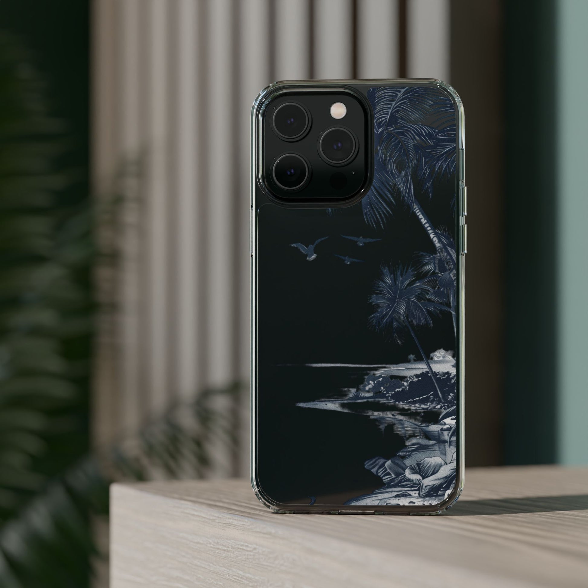 Hand-Drawn Art Beach Scene Clear Phone Case Tropical Palm Trees Surfing iPhone 13 14 15 16 Pro Max Galaxy S23