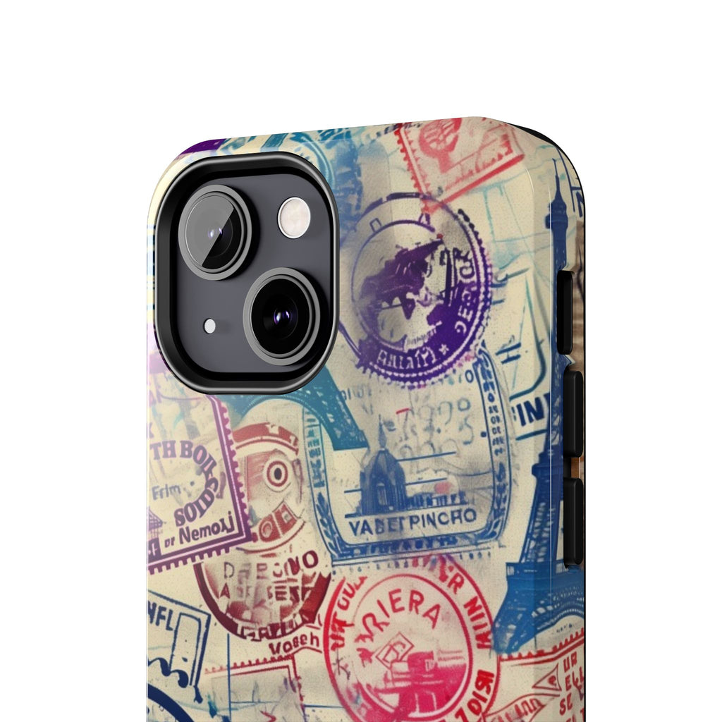 Travel Stamps Tough Phone Case - Durable Vintage Travel Stamps Design - Adventure Inspired Phone Case - Protective Case with travel stamps