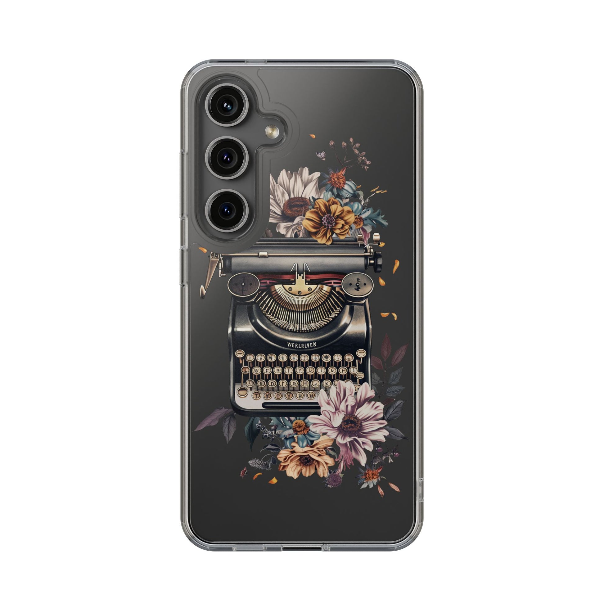 Vintage Cottagecore Typewriter Clear Phone Case with Floral Dark Academia Nostalgic Artistic Typography iPhone 13 14 15 16 Pro Max