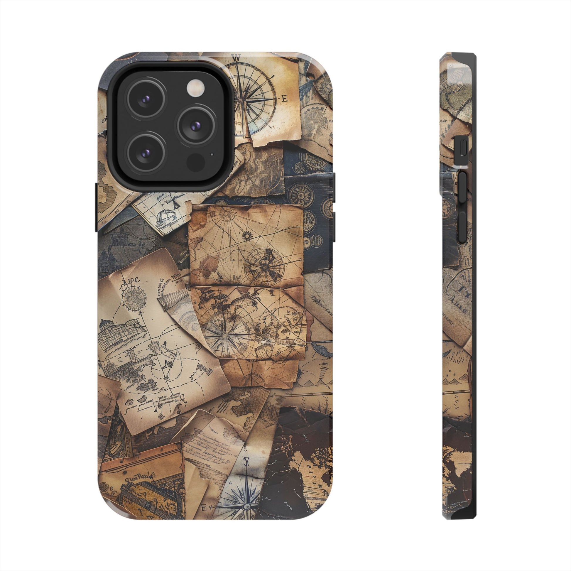Double Layer Adventure Phone Case - Protective Phone Case Vintage Map and Compass Design - Dual Layer Case with Map Print