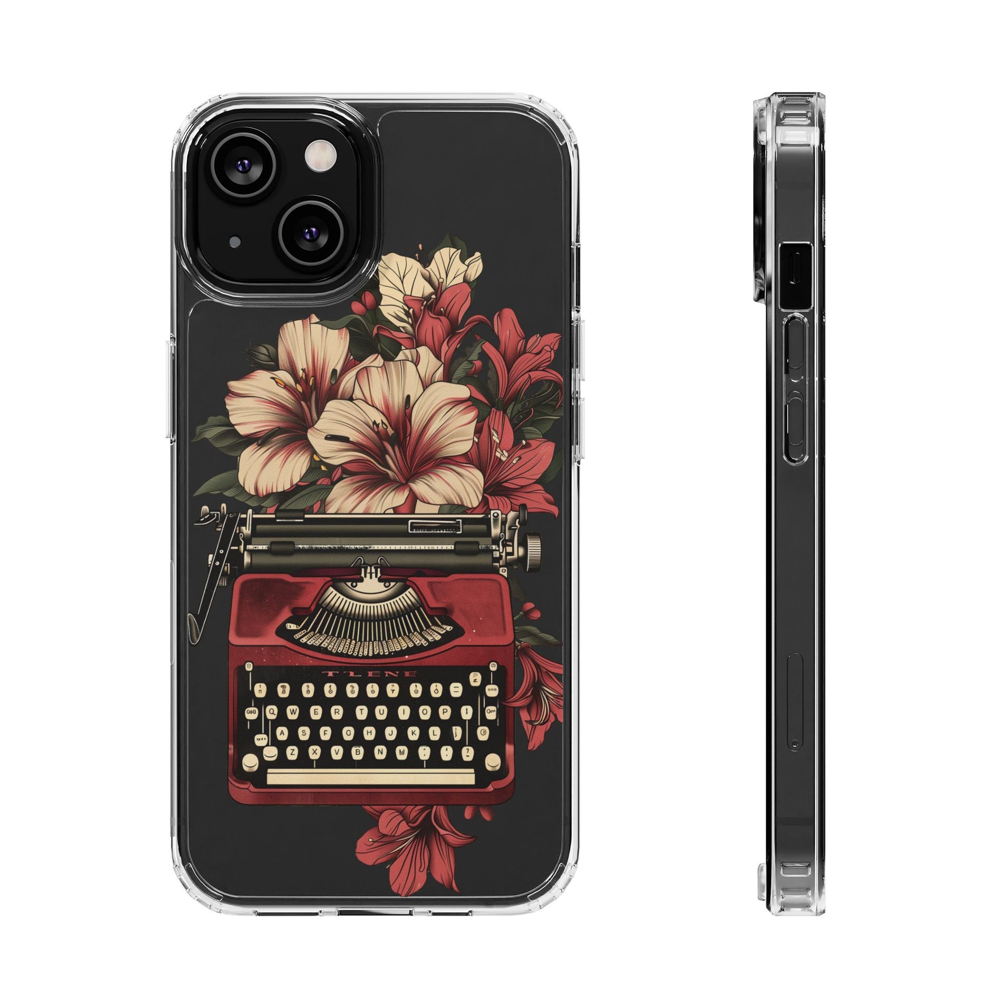 Dark Academia Clear Phone Case Vintage Typewriter Floral Accents Cottagecore Typography Nostalgic Typewriter iPhone 13 14 15 16 Pro Max