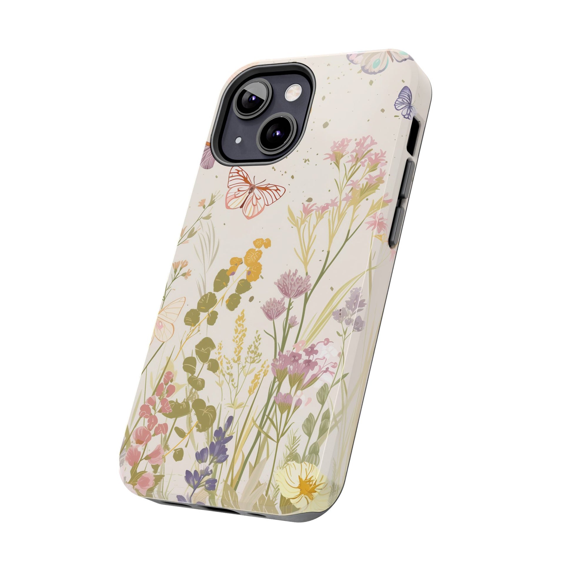 Butterfly Meadow Scene Cottagecore iPhone 15, Pastel Wildflowers & Butterflies, Natural iPhone Case, Cottagecore Garden Case, iPhone 14