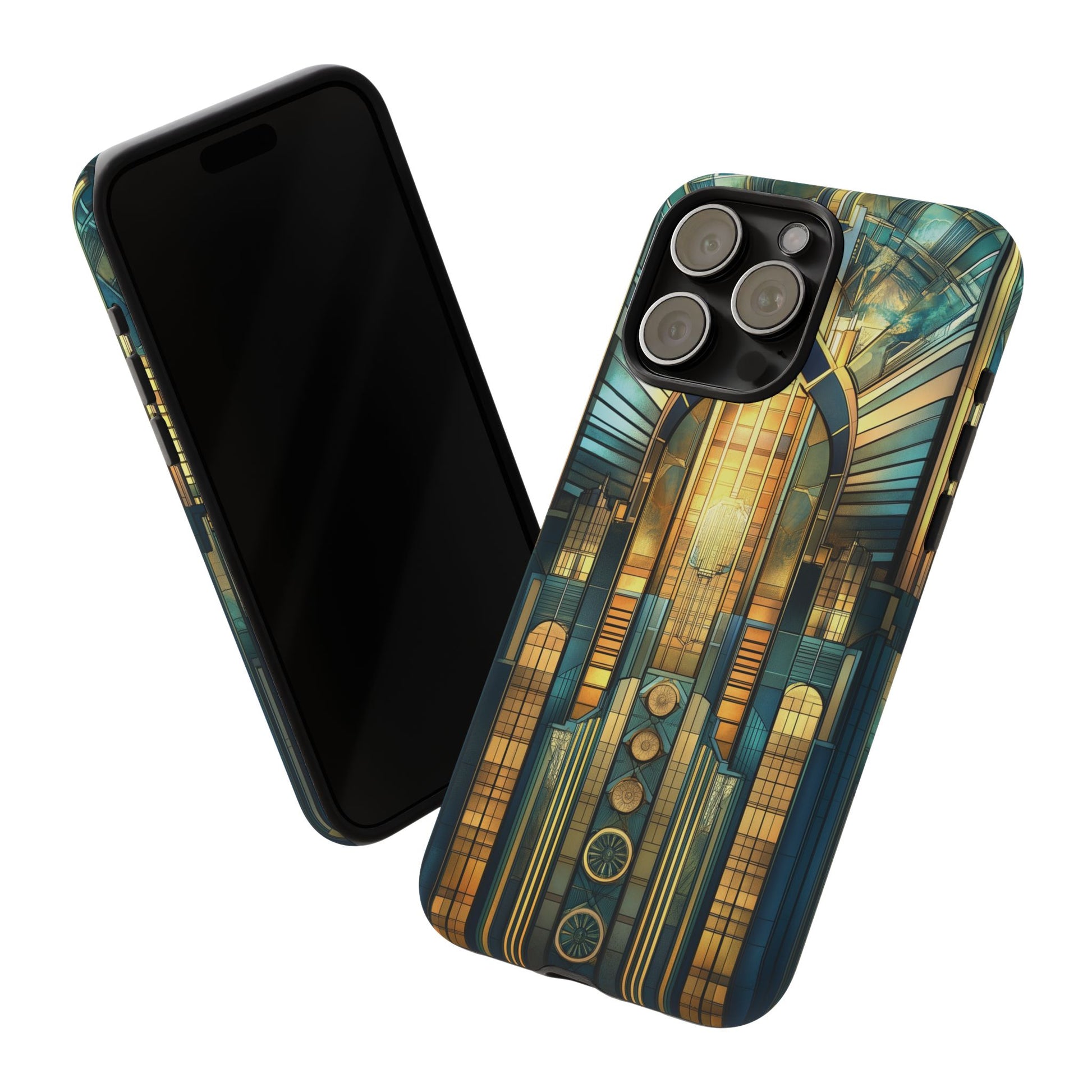 Phone Case Art Deco City Frank Lloyd Wright Teal Gold Protective Covers, Stylish Accessories, Great Gatsby Noir Nouveau iPhone 14 15 16 Pro
