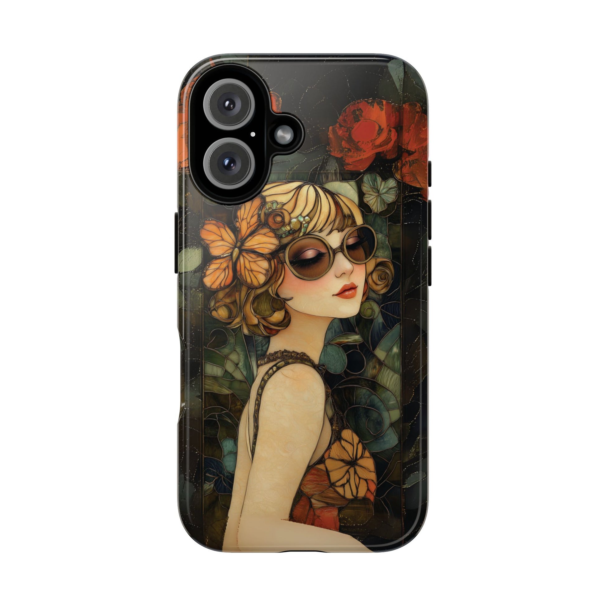 Butterfly Art Deco Flapper Woman Mosaic Phone Case 1920s Art Nouveau Design in Red Stained Glass Alphonse Mucha Style Gatsby Style Poster