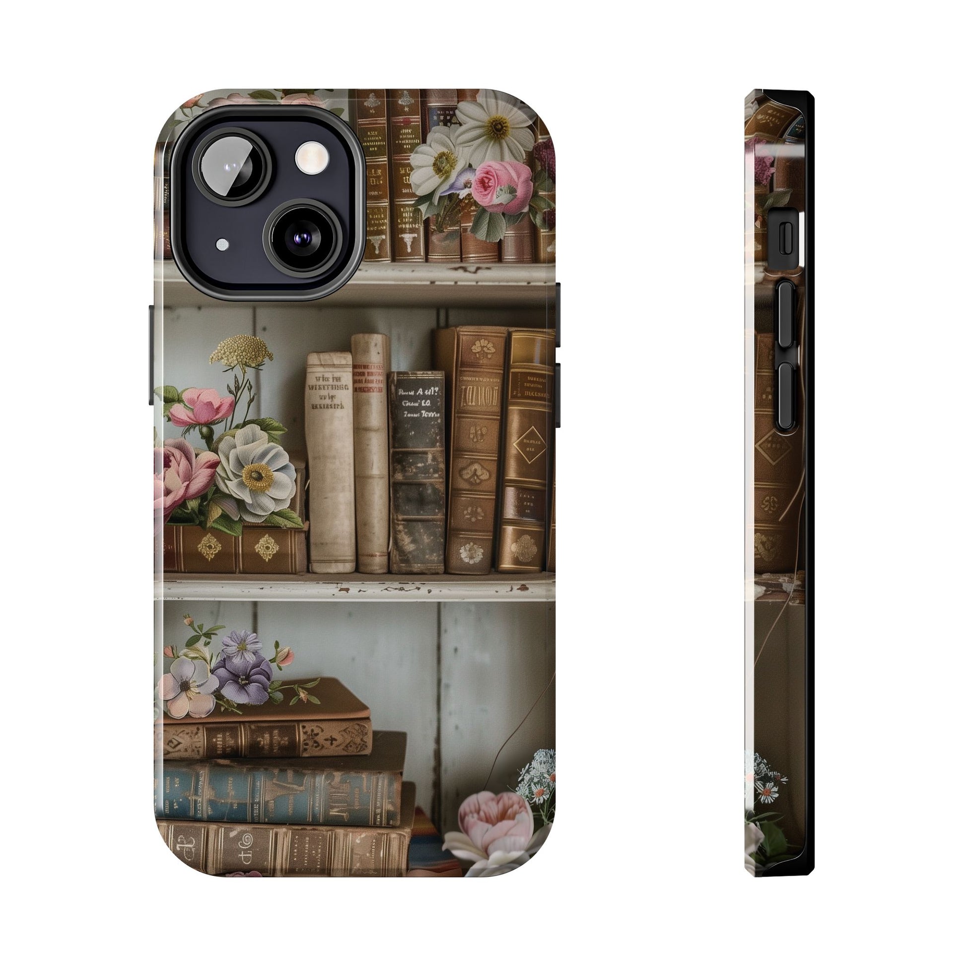 Vintage Book Stack Cottagecore Phone Case, Books with Floral Decor, Leather & Cloth Fliral iPhone Case, Pastel Roses Daisies Wildflowers