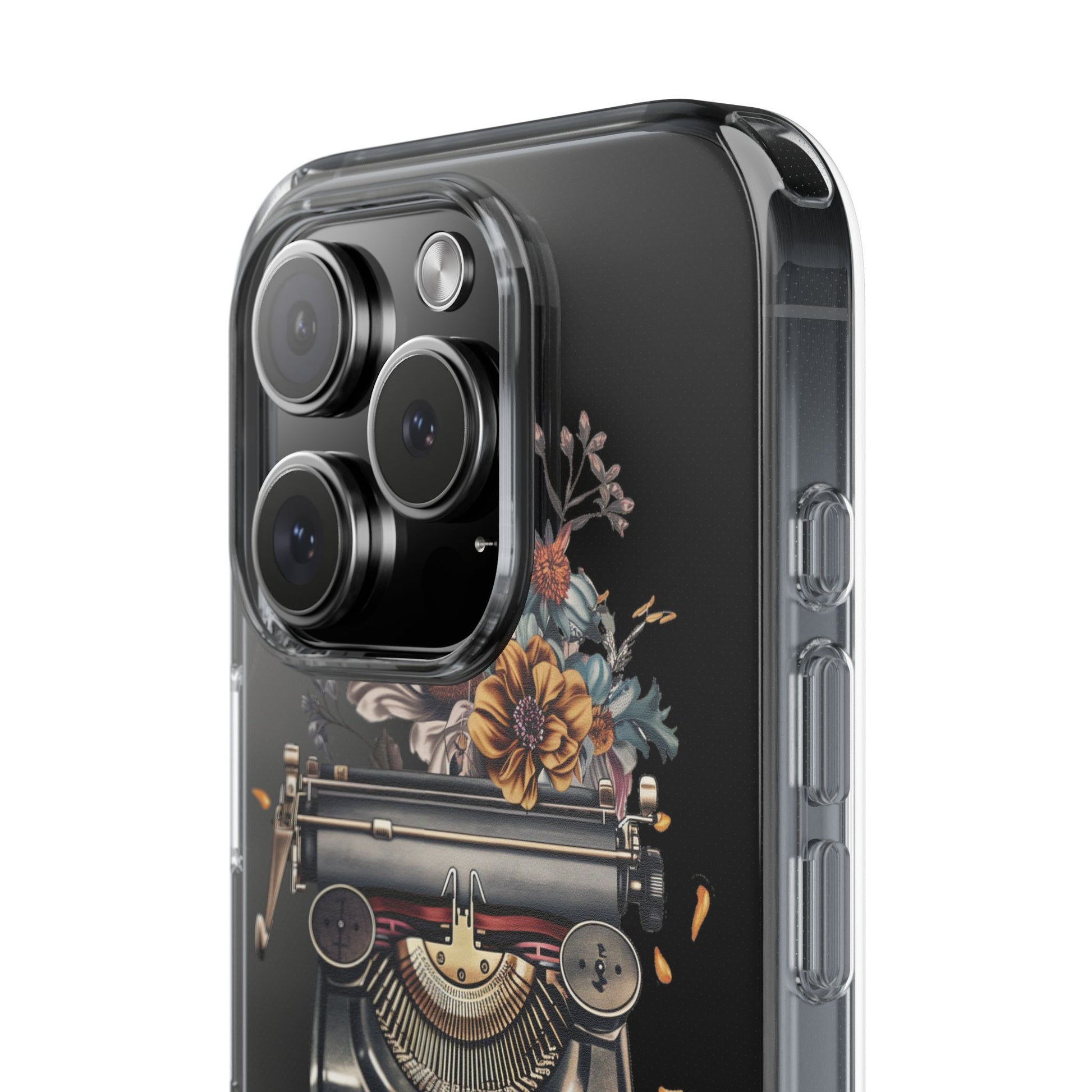 Vintage Cottagecore Typewriter Clear Phone Case with Floral Dark Academia Nostalgic Artistic Typography iPhone 13 14 15 16 Pro Max