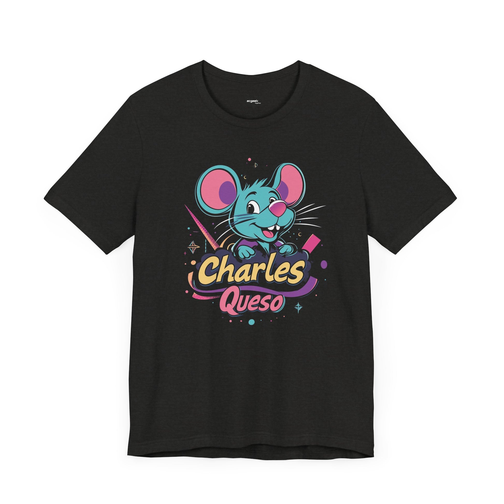 Charles Queso Mouse Logo Tee, Unisex Graphic T-Shirt, Colorful 80s Style Top, Retro Company Shirt, Gift for Mouse Lovers