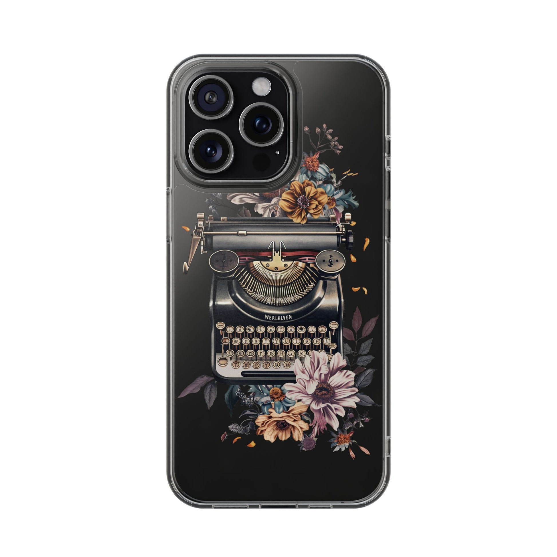 Vintage Cottagecore Typewriter Clear Phone Case with Floral Dark Academia Nostalgic Artistic Typography iPhone 13 14 15 16 Pro Max
